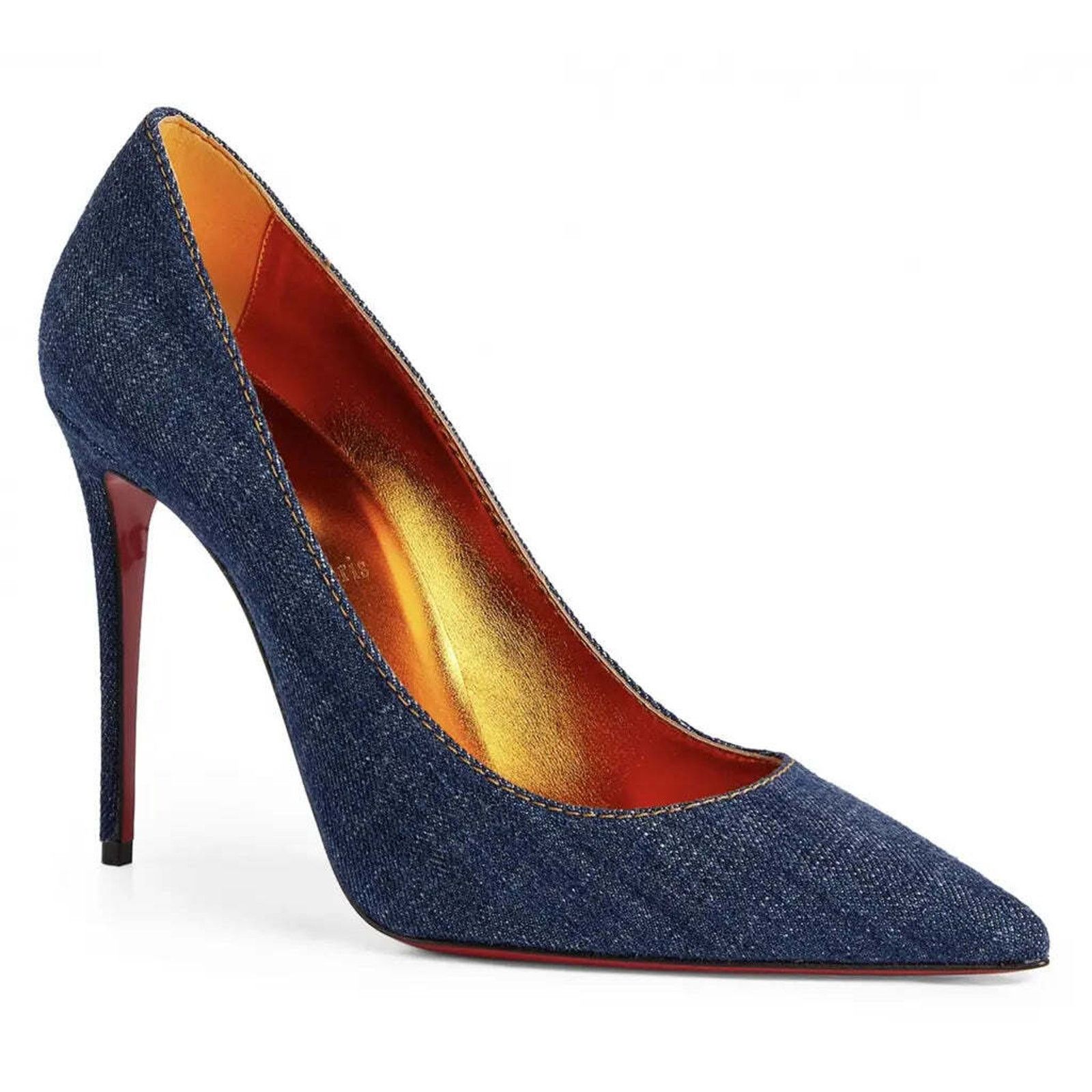 Christian Louboutin Kate 100 Blue Denim Saba Gold Stiletto Pointed Heel Pump 40 Size US 10 / IT 40 - 3 Thumbnail