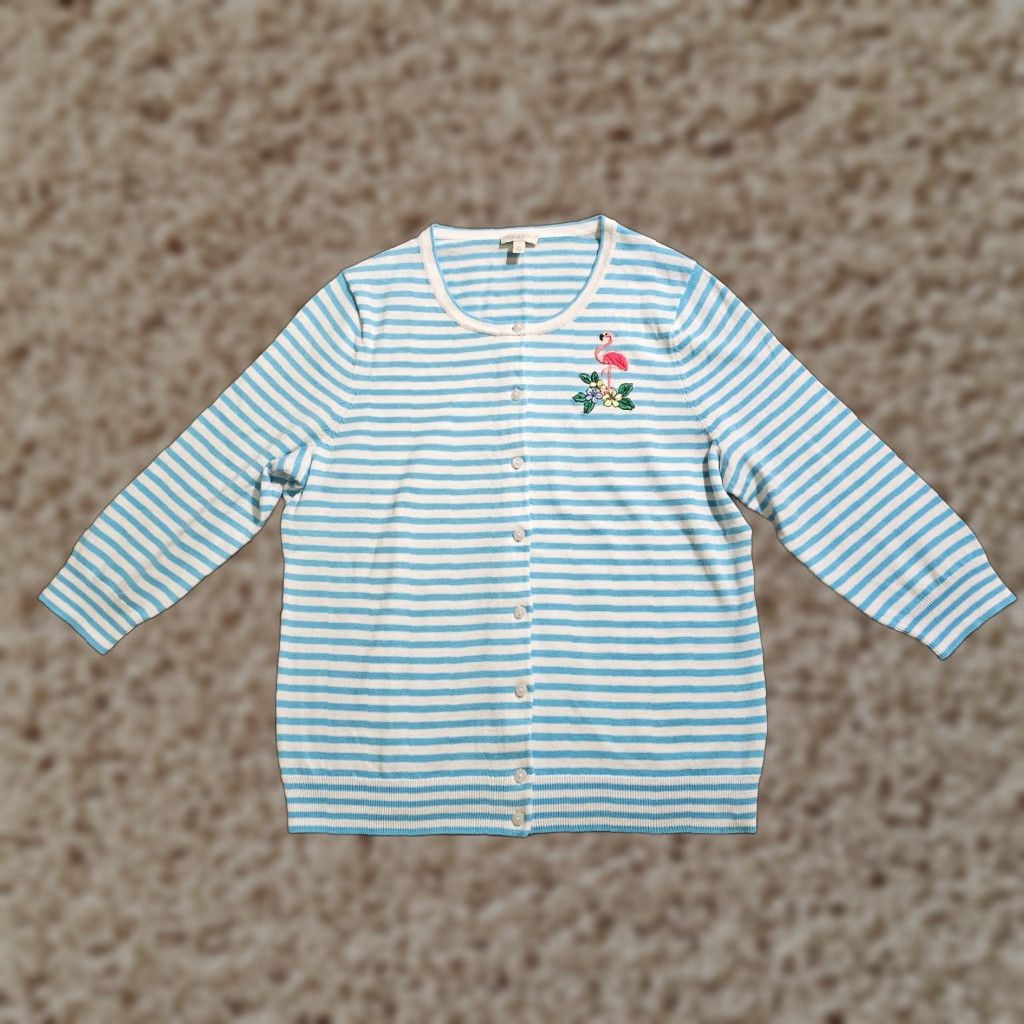 Talbots Talbots Cardigan Top Womens Large Petite Blue Stripe Flamingo Casual Cardigan Size L / US 10 / IT 46 - 1 Thumbnail
