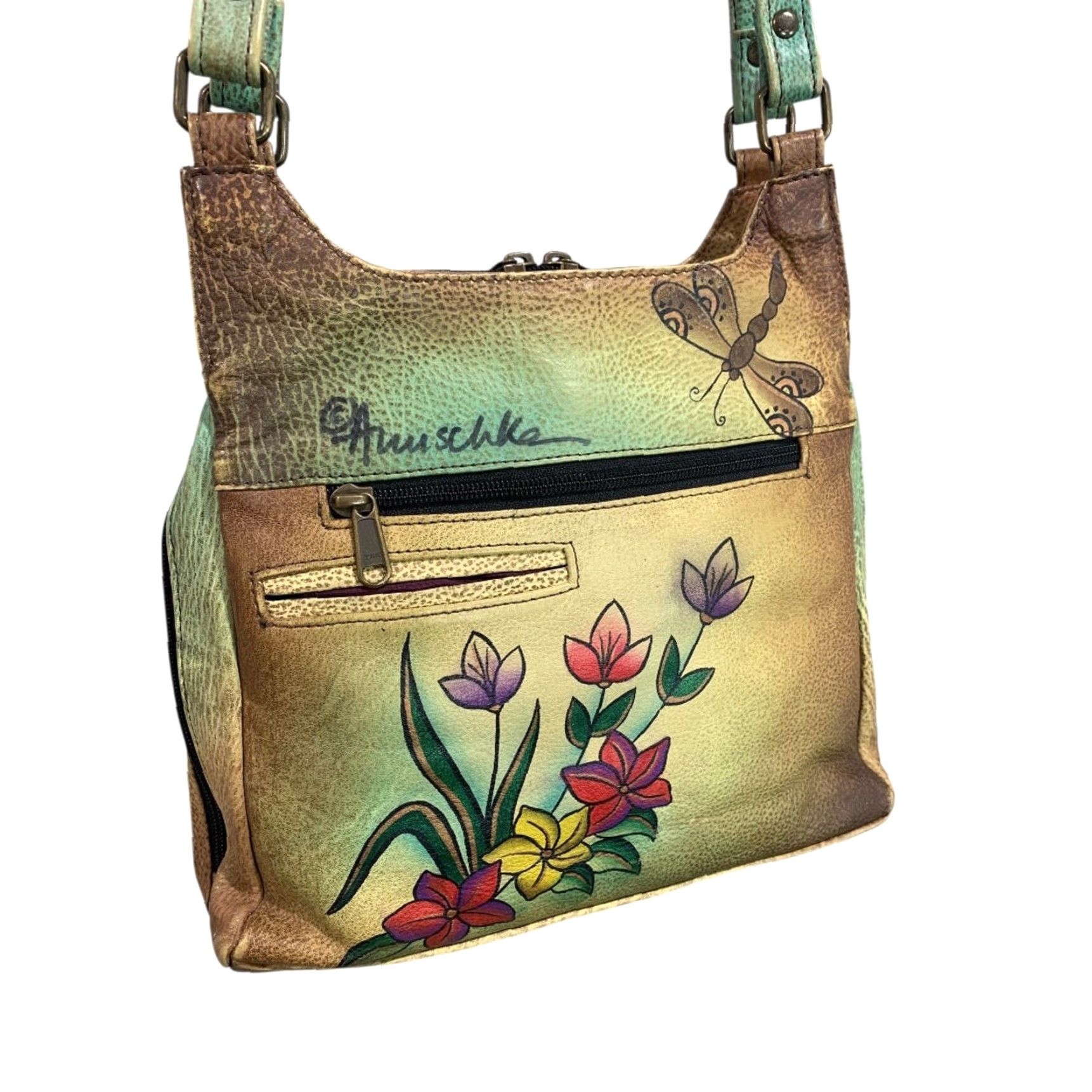 Vintage VINTAGE Anuschka Flower Leather 3 Compartment Shoulder Bag Hand-Painted USA Women Leather Shoulder Bag 9"h 10.5"l 3.25"d Green Size ONE SIZE - 6 Thumbnail