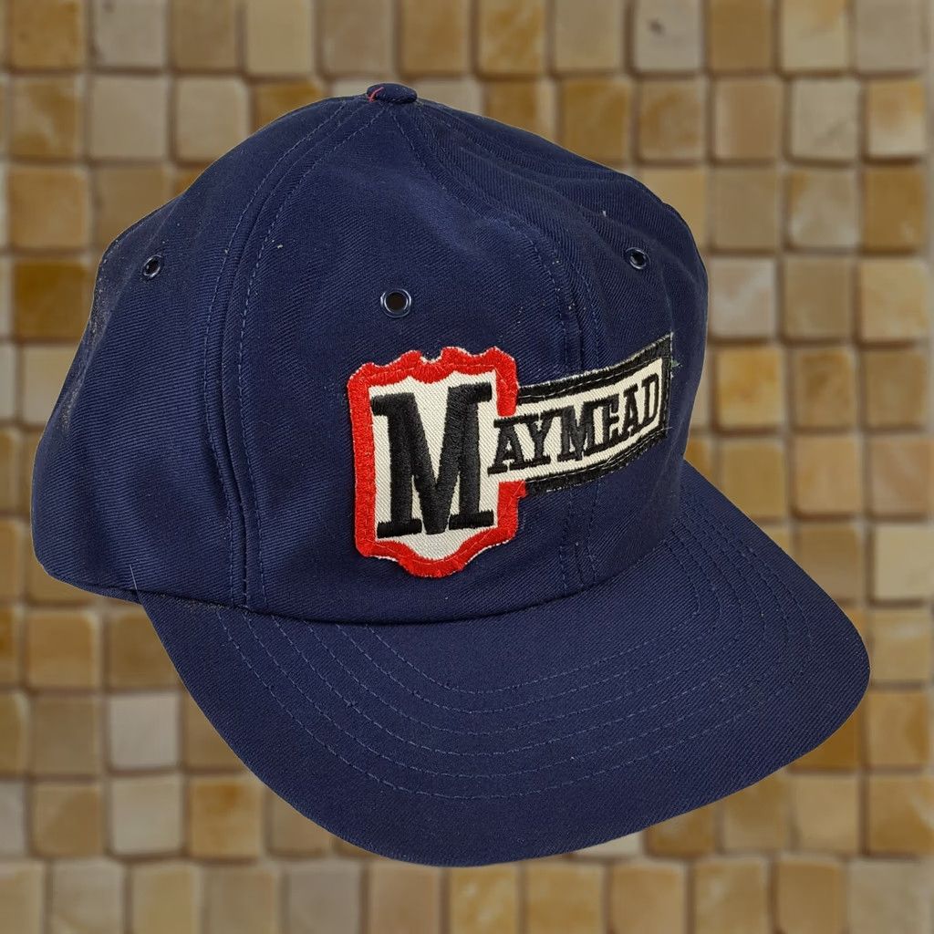 Denime VINTAGE Maymead Farm Denim USA Made Trucker Hat Snapback Retro Cap Patch Hat Adjustable Blue 80s Farming Work Mens Size ONE SIZE - 1 Thumbnail