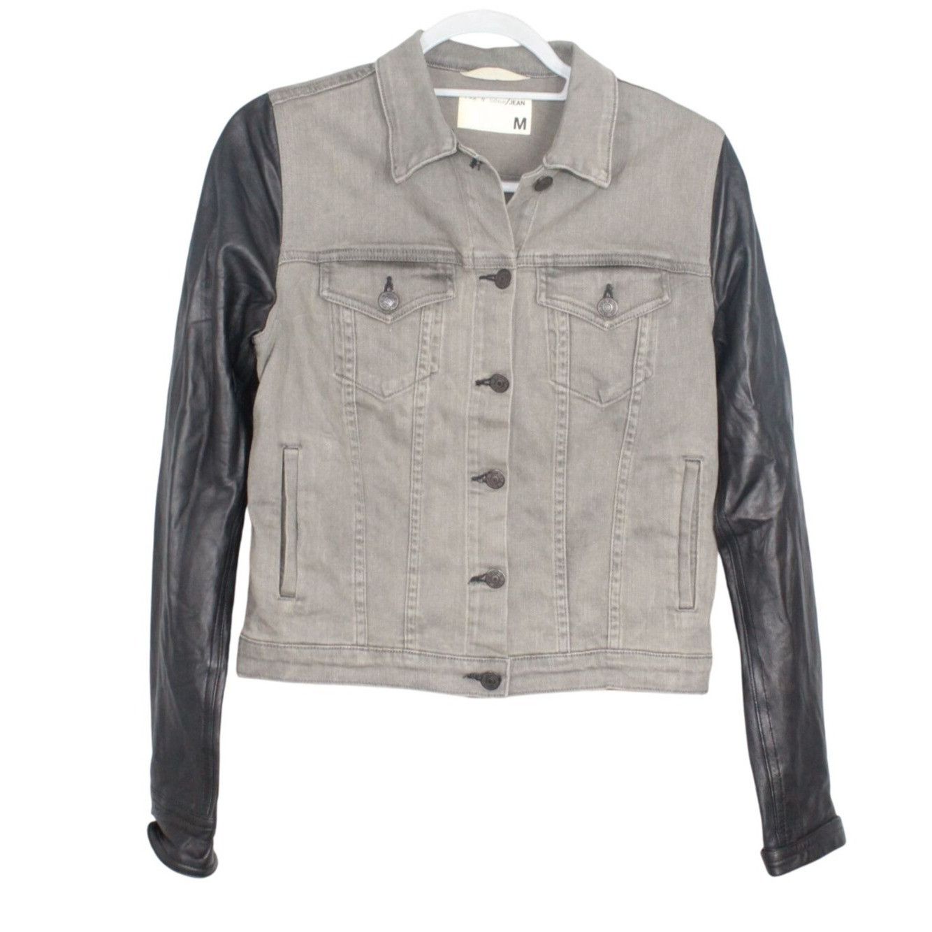 Leather × Rag & Bone Rag & Bone Women's Leather Sleeve Tattered Denim Jacket M Size M / US 6-8 / IT 42-44 - 1 Thumbnail