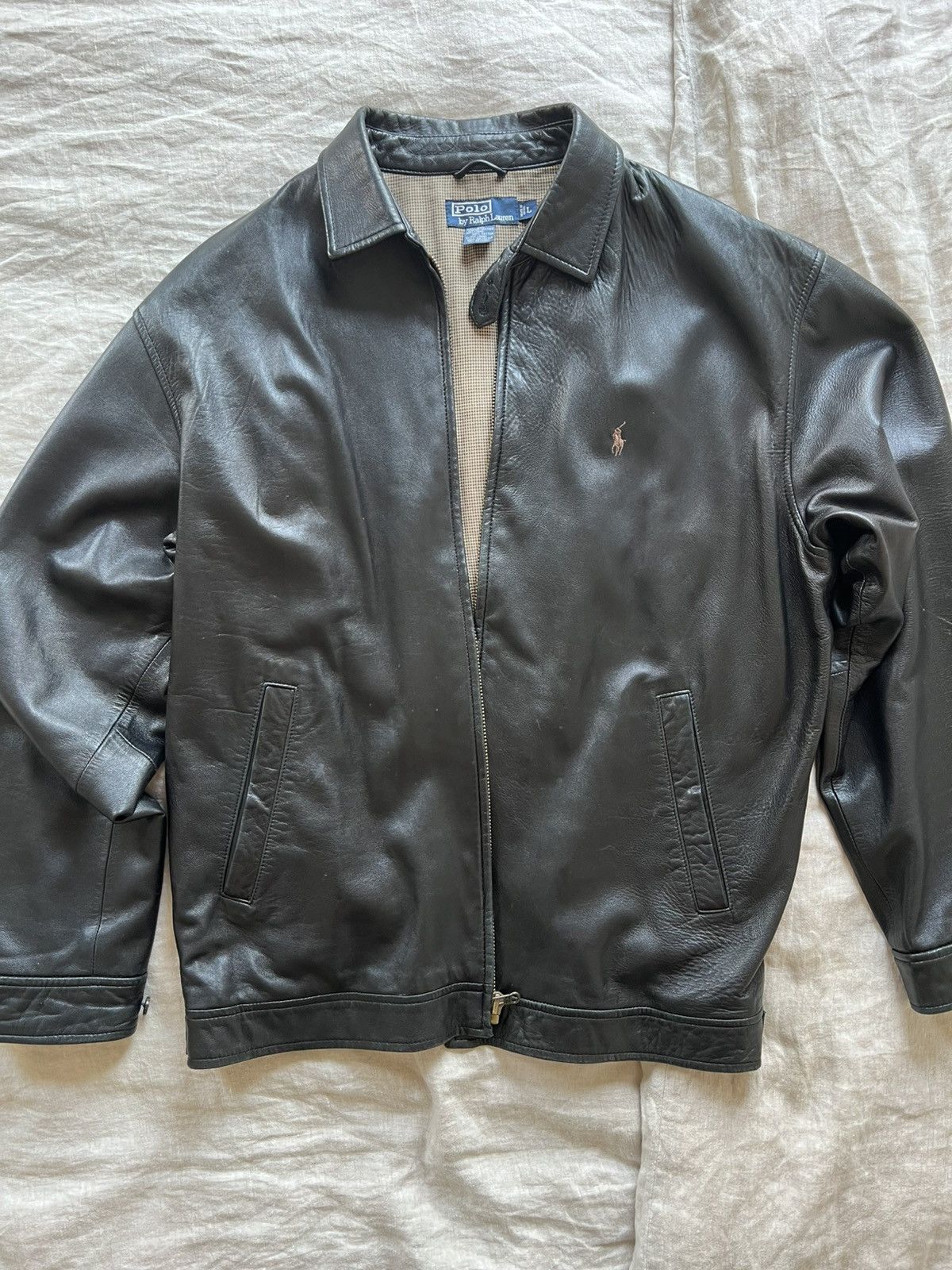 90s Ralph Lauren Leather Jacket BLACK L！ SUPPLE Ralph Lauren Leather Jacket Black Moto Biker POLO