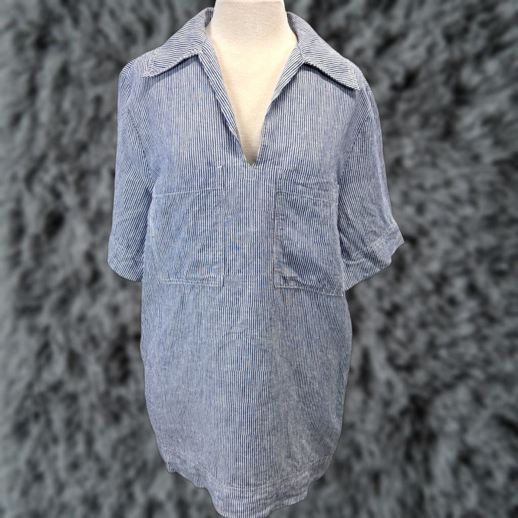 Vintage VINTAGE The Pants Store Linen Tunic Shirt Women’s S Blue White Striped Pockets Collared Long Sleeve 100% Linen Casual Spring Summer Fall Womens Size S / US 4 / IT 40 - 1 Thumbnail
