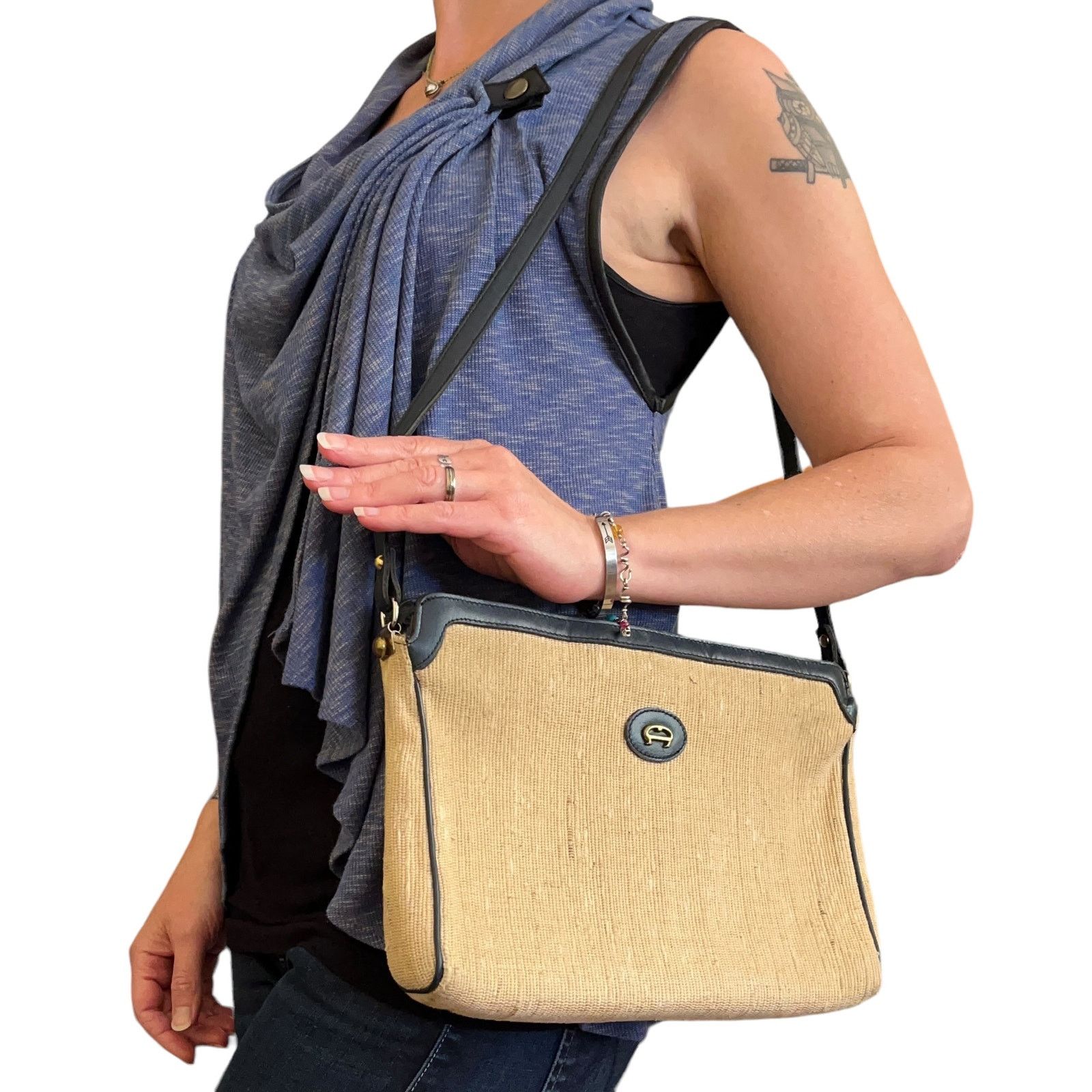 Etienne Aigner × Vintage Etienne Aigner Woven Straw Navy Blue Leather Shoulder Bag Size ONE SIZE - 2 Thumbnail