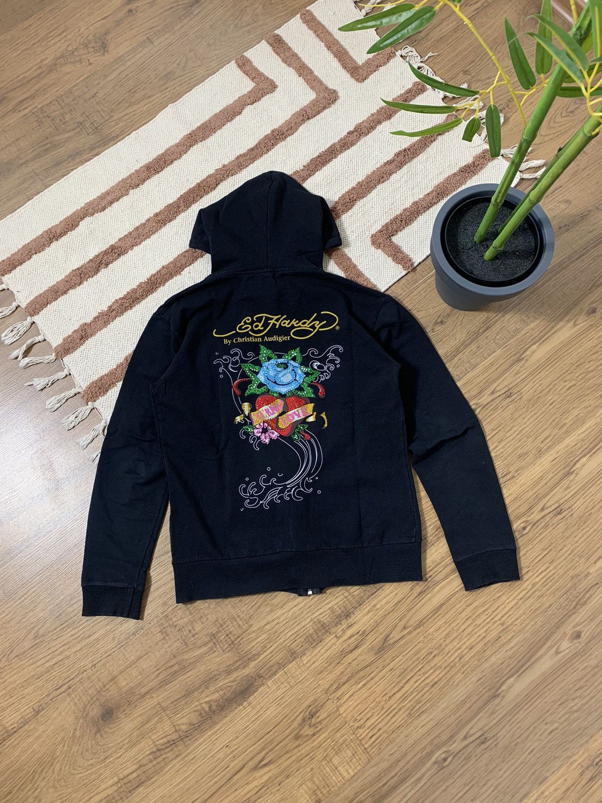 image of Vintage Ed Hardy By Christian Audigier 2000S Zip Up Hoodie in Black, Women's (Size Large)