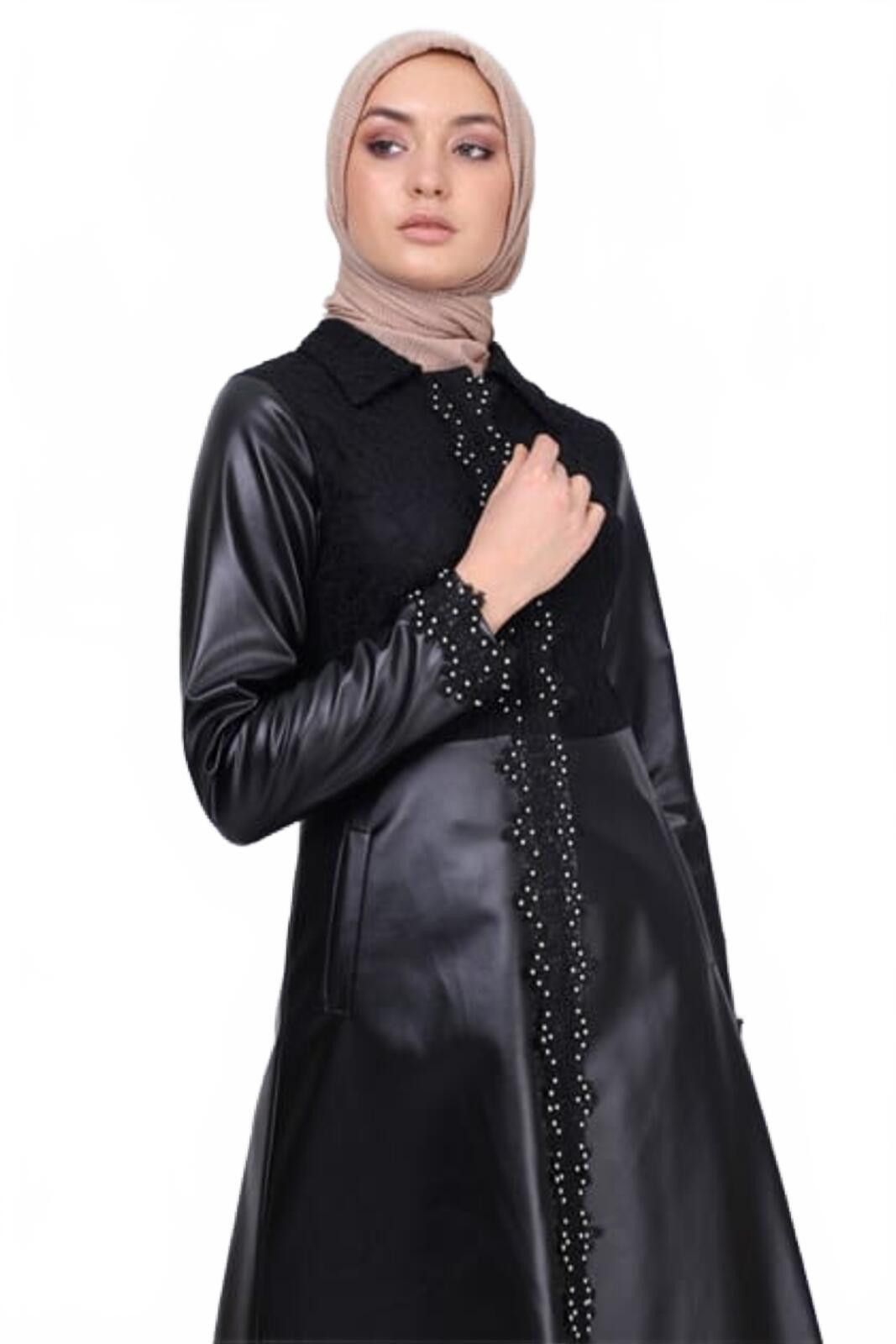 The Unbranded Brand Elegant Black Faux Leather and Lace Long Coat, Size - 6 Size M / US 6-8 / IT 42-44 - 1 Thumbnail