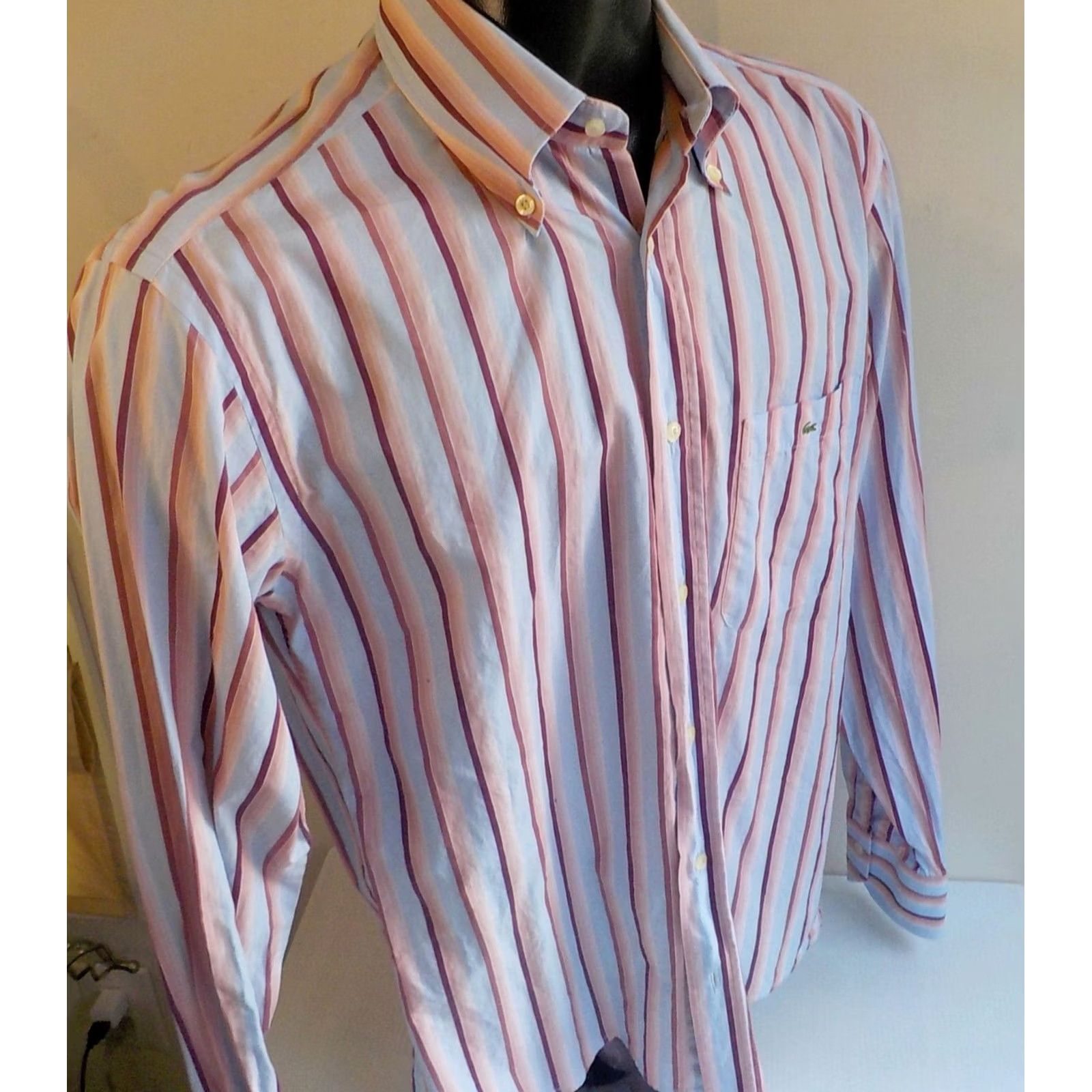 Lacoste LACOSTE Crocodile Logo L/S Shirt Pink/Blue/Maroon Striped SZ 42 Shirt Mens 100% Cotton Button-Front Size US XL / EU 56 / 4 - 3 Thumbnail