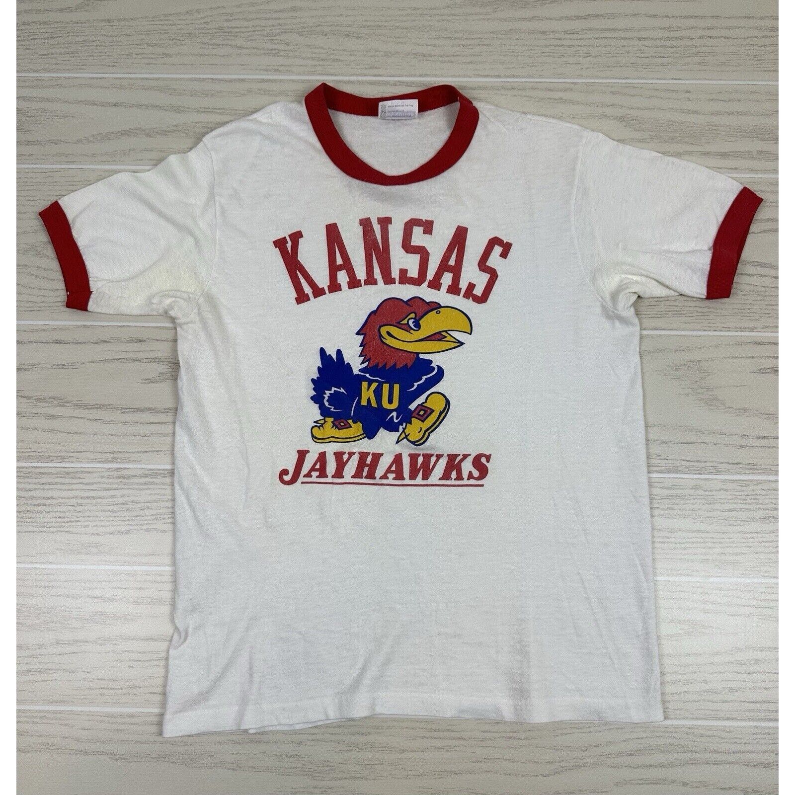 Hanes × Vintage Vintage 80s Kansas KU Jayhawks Ringer Shirt Size US M / EU 48-50 / 2 - 1 Thumbnail