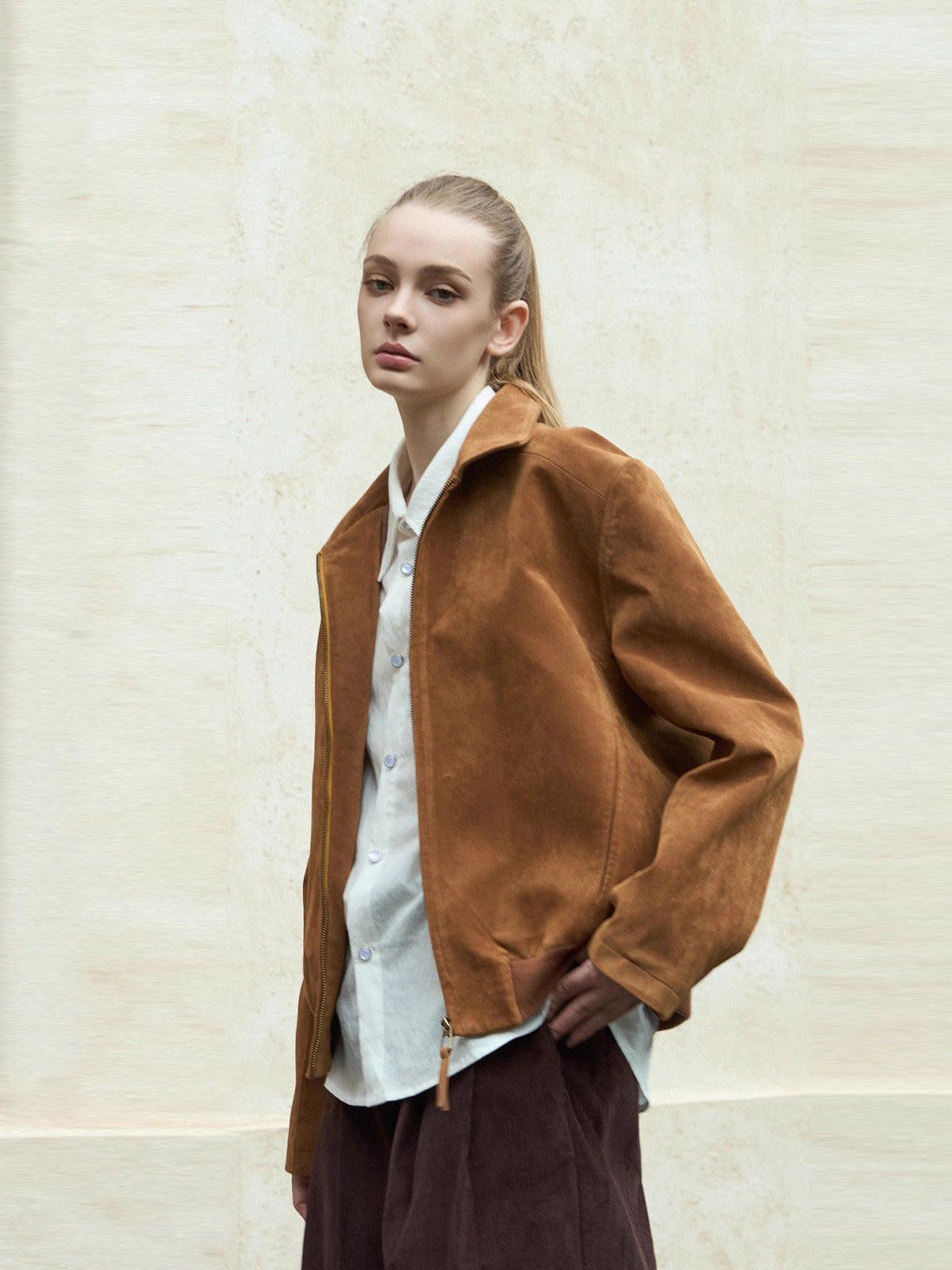 Vintage Brown Suede Bomber Jacket, Classic Zip-Up Jacket Size US M / EU 48-50 / 2 - 4 Thumbnail