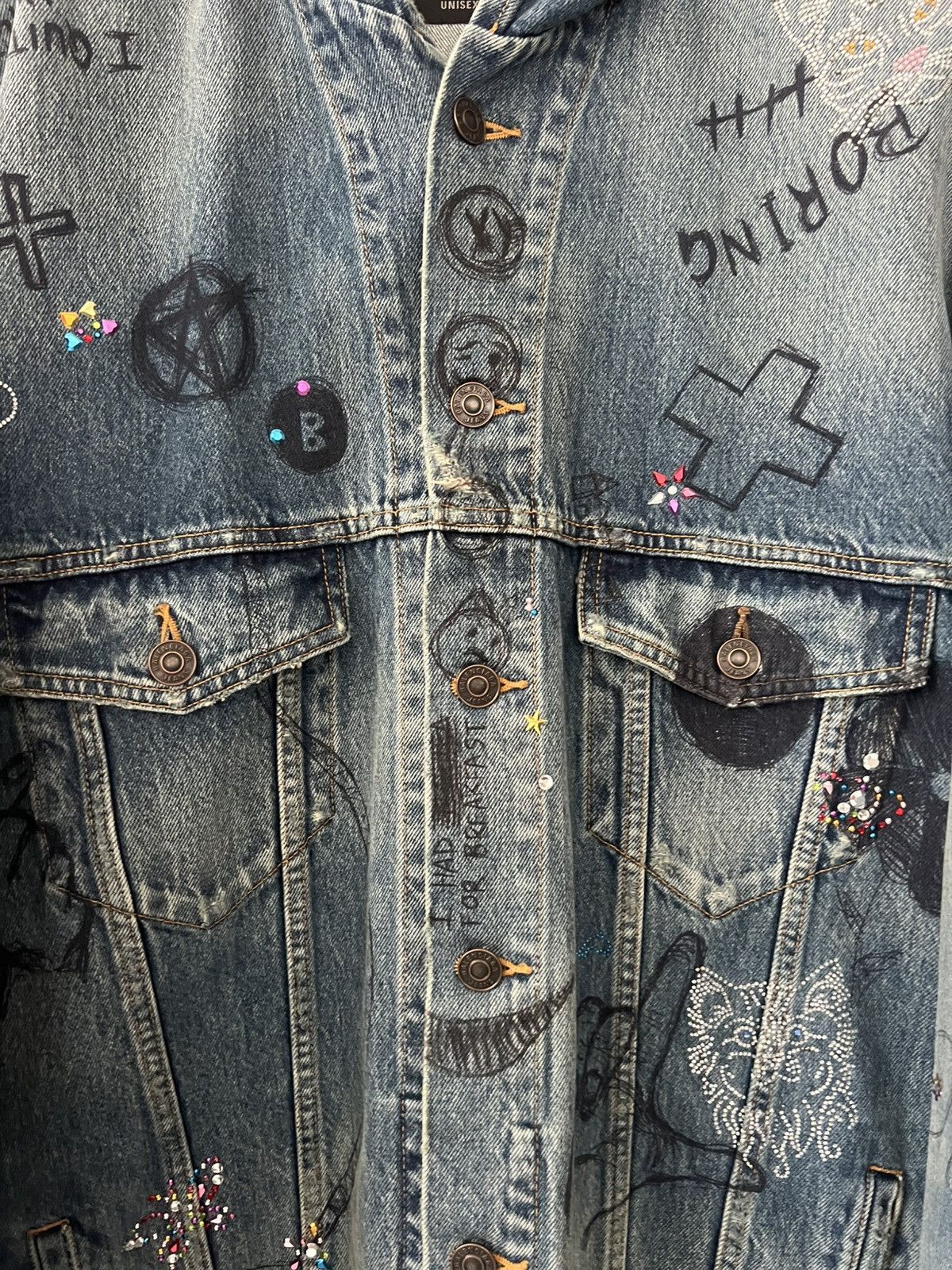 Balenciaga Rhinestones Scribble Hooded Denim Jacket Size US L / EU 52-54 / 3 - 3 Thumbnail