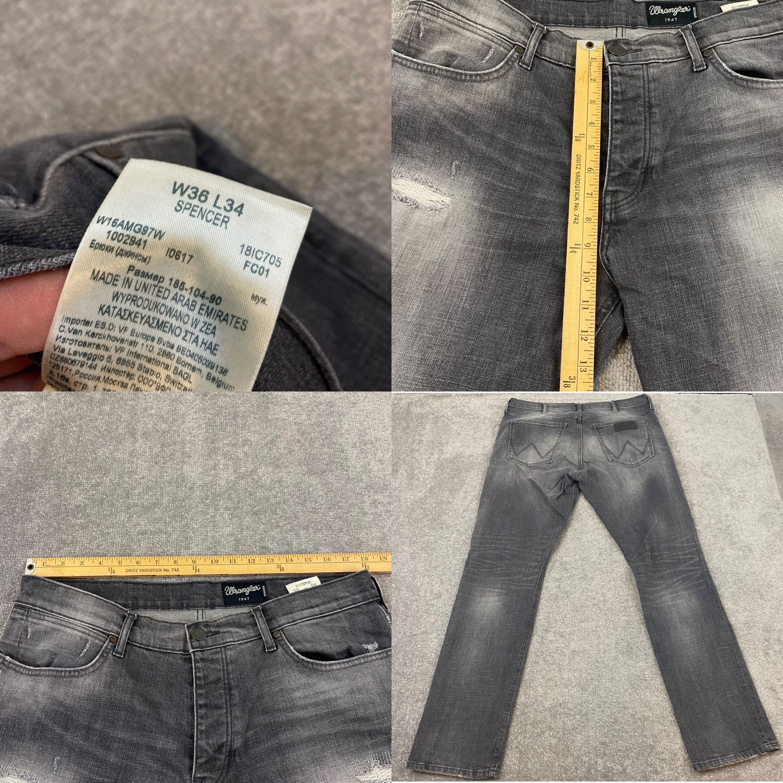 Wrangler WRANGLER Spencer Jeans Mens 36x34 Gray Washed Straight Denim Distressed Pocket 5-Pocket Western Belt Loops Regular Fit Pants Men Size US 36 / EU 52 - 8 Thumbnail