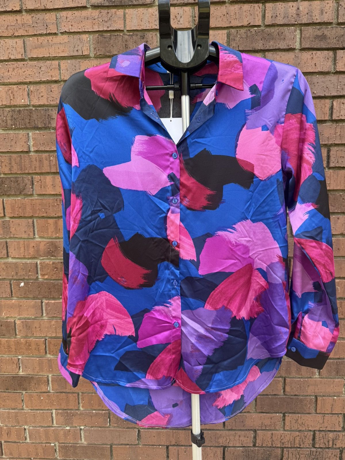 Other Q2 Satin Blouse Button Up Long Sleeve Multi-Color Abstract Size S / US 4 / IT 40 - 6 Thumbnail