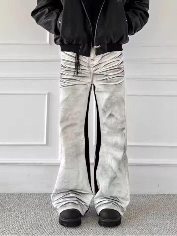 Japanese Brand Stacked Ruched Flare Denim – White Grey Wash Cargo Carpenter Size US 27 - 4 Thumbnail