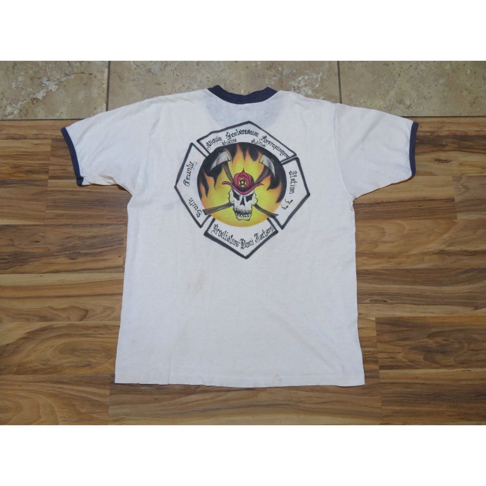 Other Firefighter Airbrushed Art T-shirt, White Ringer Sz M 1980s Size US M / EU 48-50 / 2 - 1 Thumbnail