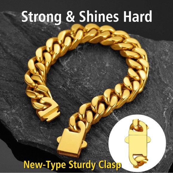 Other Men Gold 13mm Wide Stainless Steel Miami Curb Chain Bracelet Size ONE SIZE - 8 Thumbnail