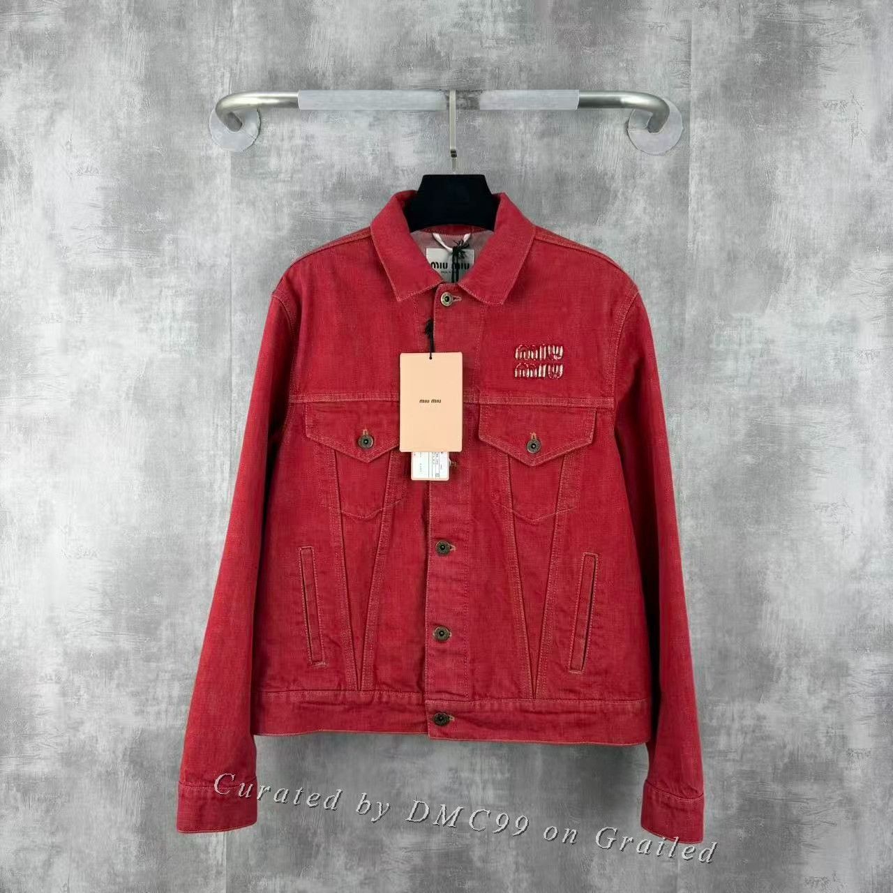 Miu Miu Miumiu Red Embroidered Logo Denim Jacket Size XS / US 0-2 / IT 36-38 - 1 Thumbnail