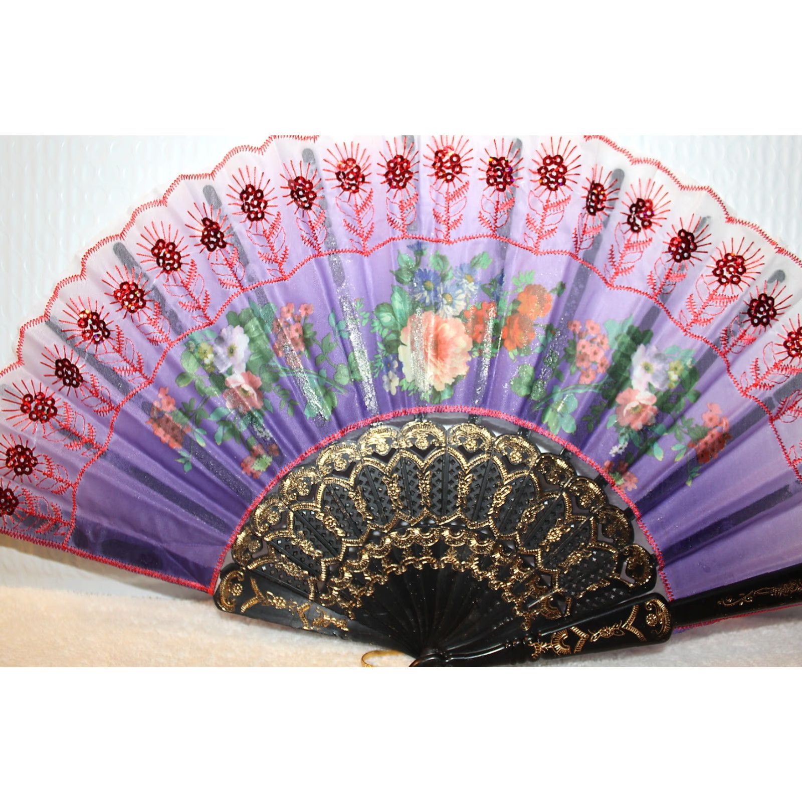 Vintage VINTAGE FAN Hand Fan Small with Flowers Sequins 16in WIDE 9in CLOSED 3811 Mens/Womens? Size ONE SIZE - 2 Thumbnail