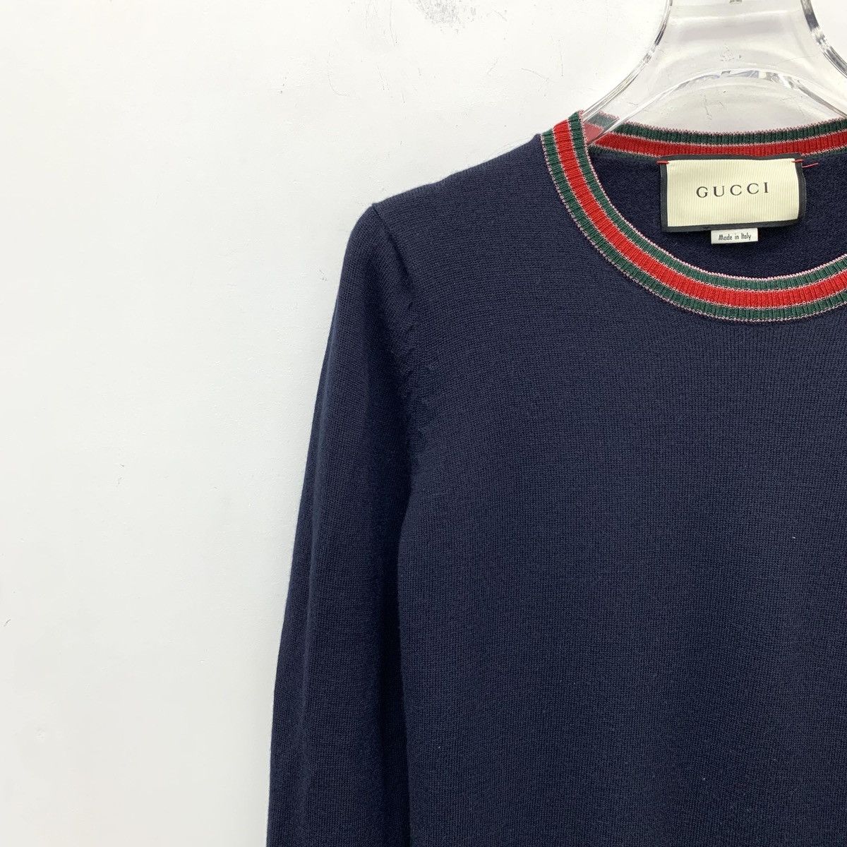 Gucci Gucci Dark Blue Striped Trim Long Sleeve Knit Sweater K26WX Size L / US 10 / IT 46 - 3 Thumbnail