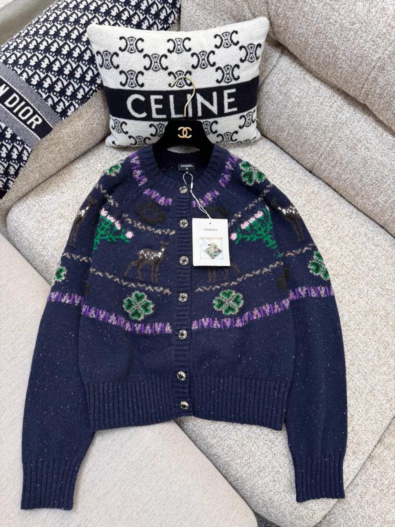 Chanel Chanel Dark blue pink-edged reindeer clover pattern knitte Size XS / US 0-2 / IT 36-38 - 3 Thumbnail
