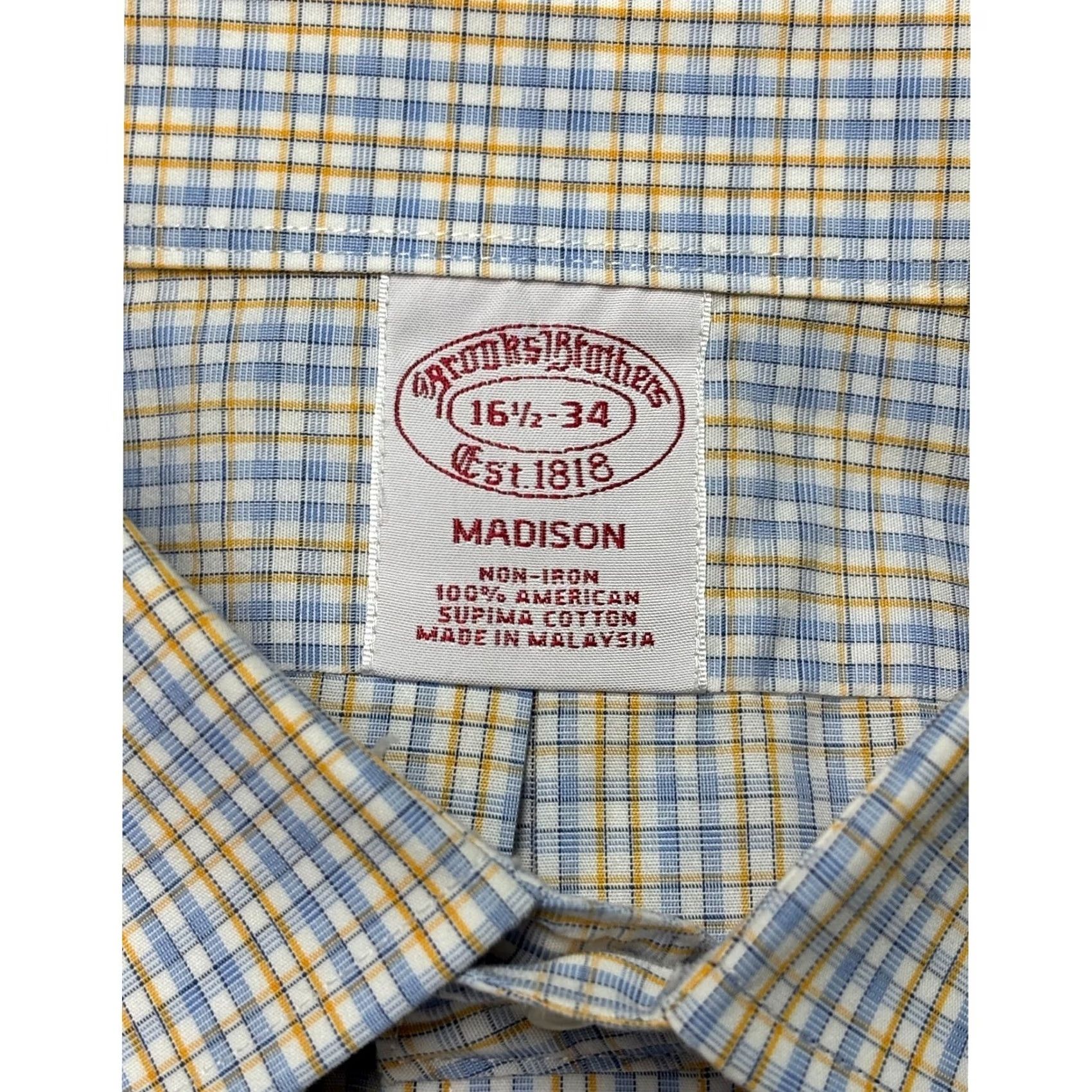 Brooks Brothers Brooks Brothers Madison Dress Shirt Mens 16.5 Blue Yellow Supima Cotton Check Size 46R - 4 Thumbnail
