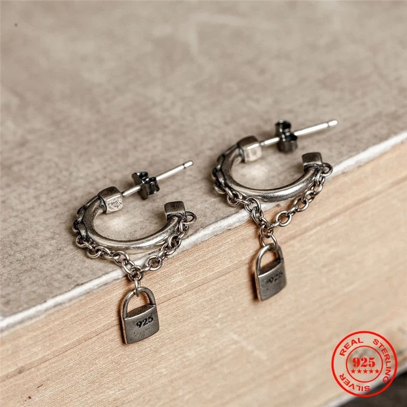 Jewelry Tassel Lock Chain Stud Earrings 925 Sterling Silver Gift Size ONE SIZE - 2 Thumbnail
