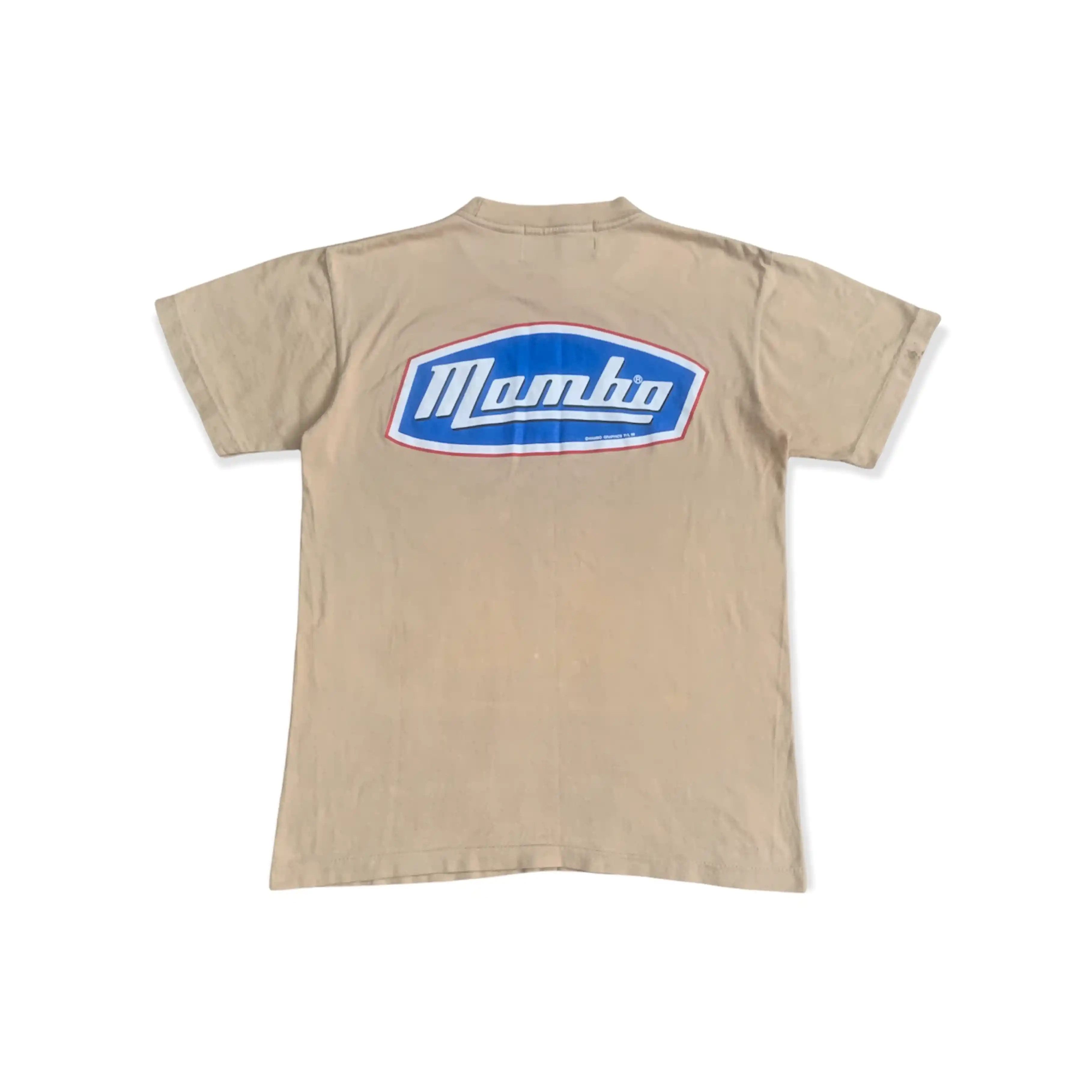 image of Vintage 90's Mambo Spellout Logo Skate Surf Style Tshirt in Light Brown, Men's (Size Small)