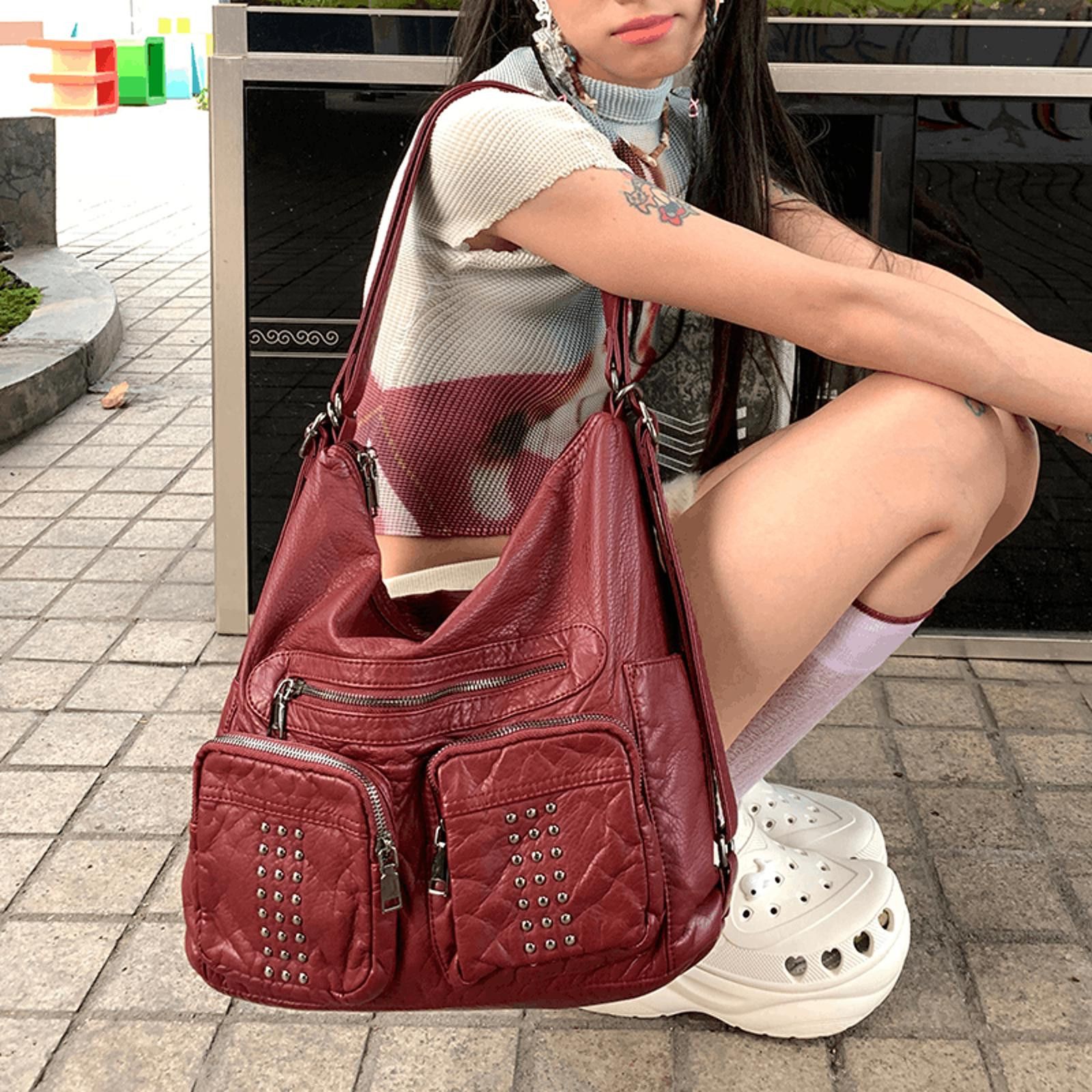 Vintage Burgundy PU Leather Shoulder Bag / Backpack Size ONE SIZE - 2 Thumbnail