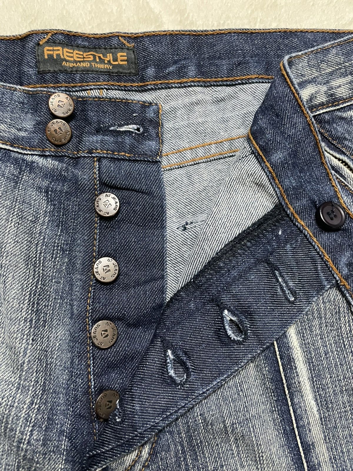 Japanese Brand Vintage AT Jeans Distress Faded Dark Blue Jeans Size US 33 - 6 Thumbnail