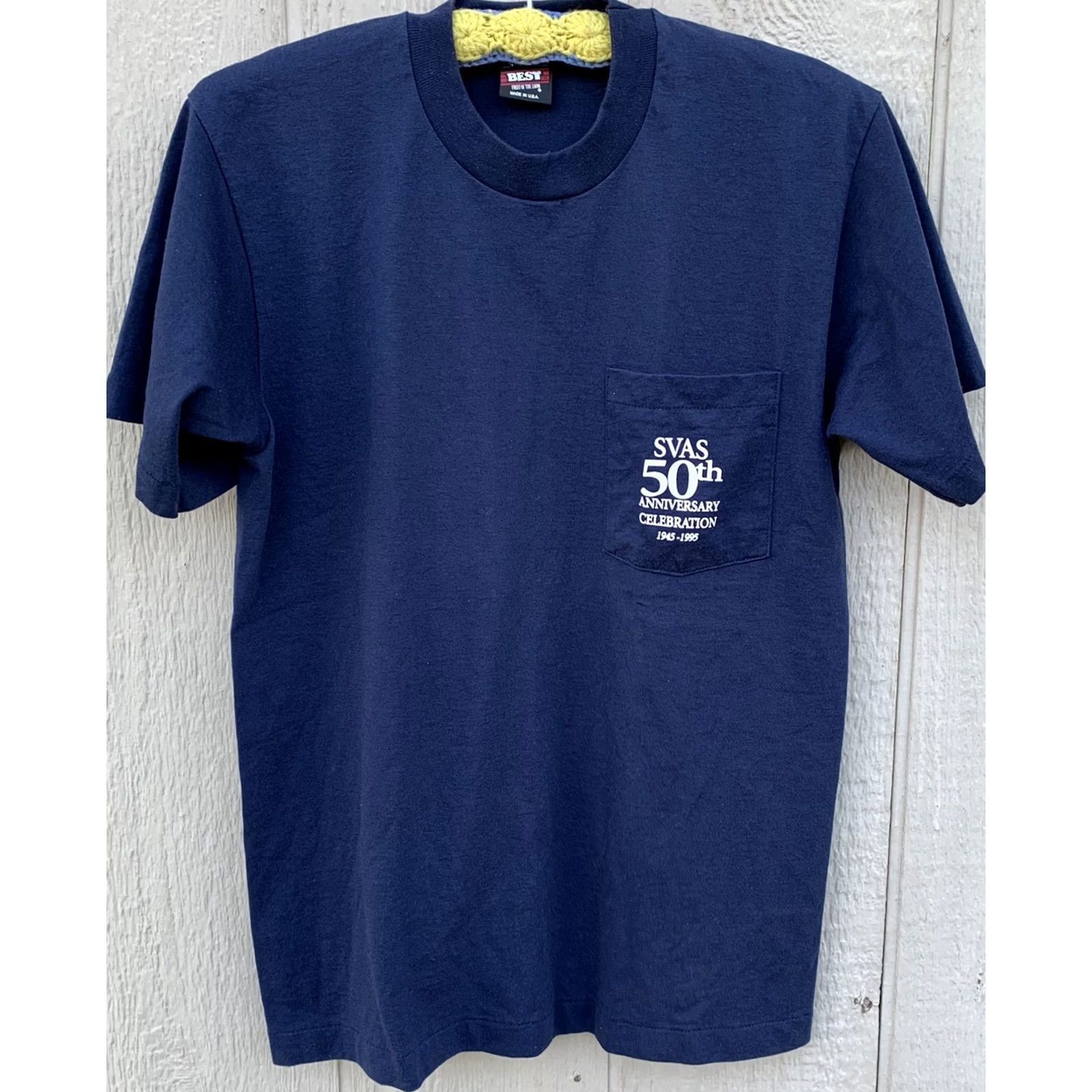 Fruit Of The Loom VINTAGE Fruit of the Loom SVAS 50th Anniversary Celebration pocket tee 1995 Astronomical M Blue Unisex Shirt 1990s Boys Girls Mens Womens Size US M / EU 48-50 / 2 - 3 Thumbnail