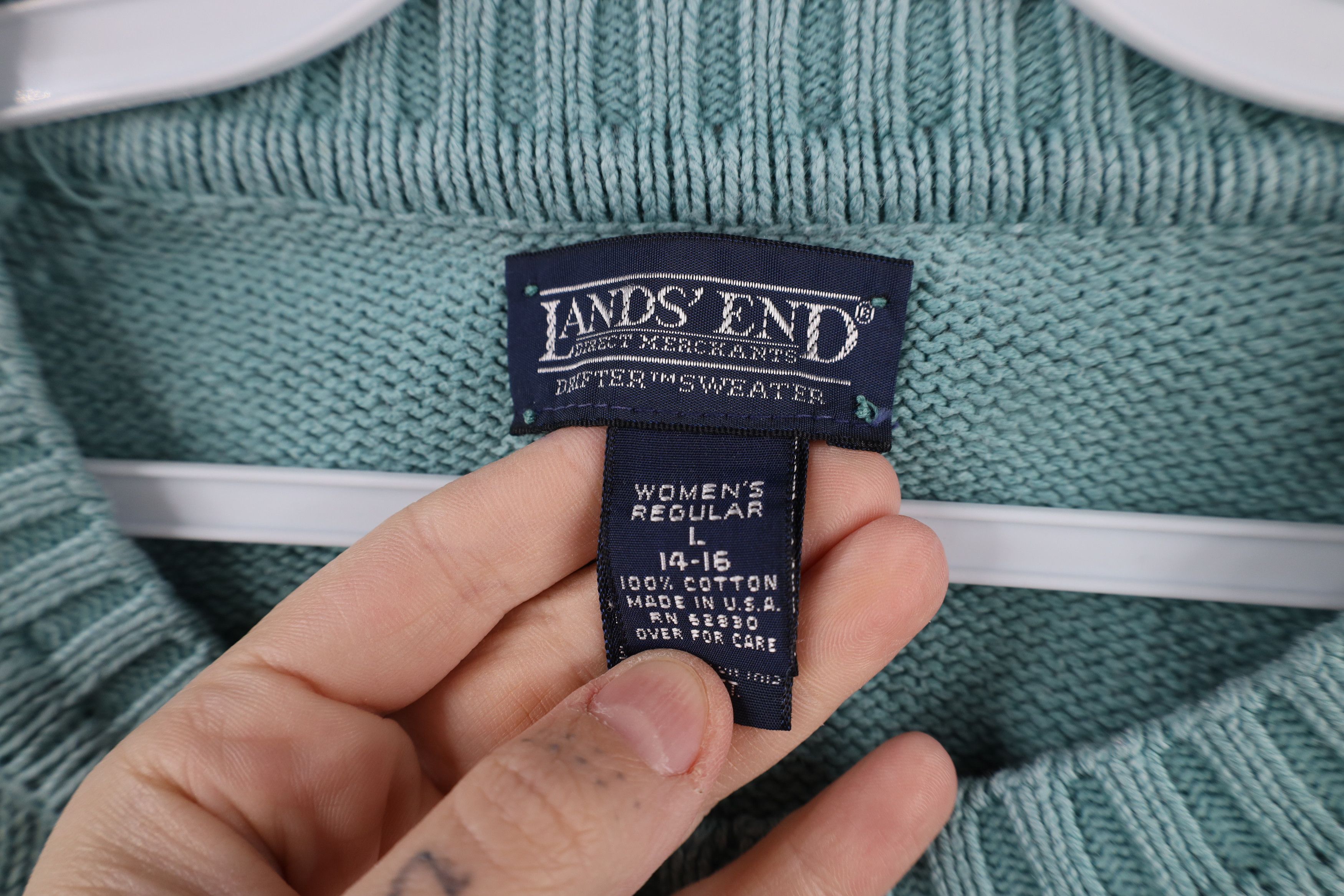 Lands' End × Vintage Vintage 90s Lands End Blank Cotton Knit Sweater Teal USA Size L / US 10 / IT 46 - 10 Thumbnail