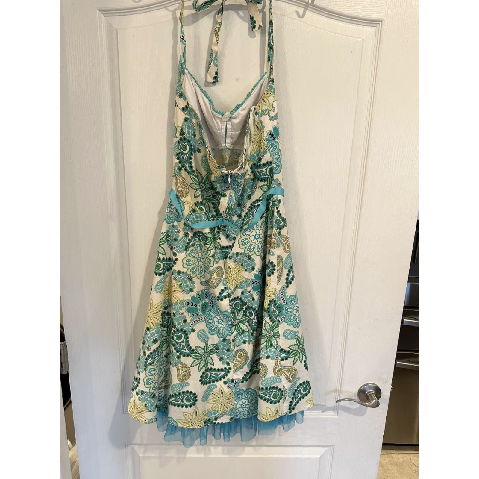 Vintage VINTAGE Rampage Dress Midi Halter Paisley Print Green 9 Womens A-Line Fit & Flare Juniors Size M / US 6-8 / IT 42-44 - 2 Thumbnail