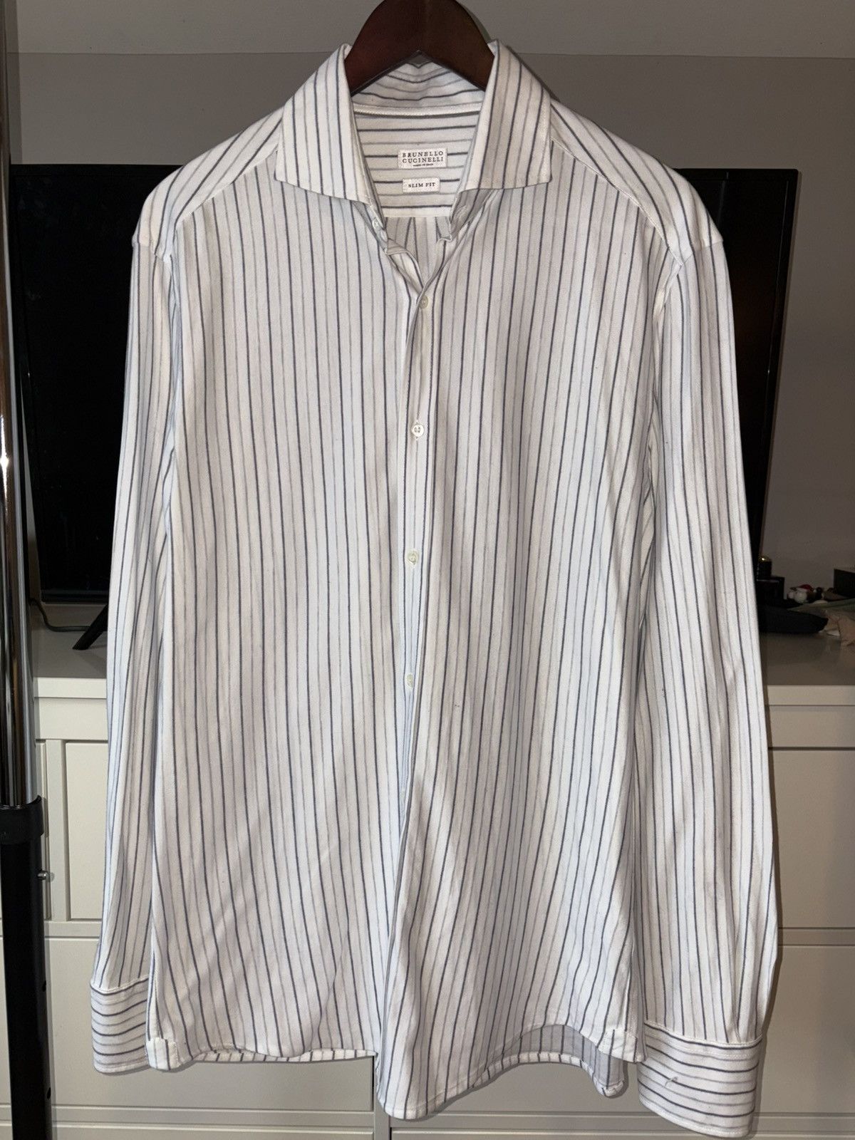 Brunello Cucinelli Long Sleeve White Striped Button Down
