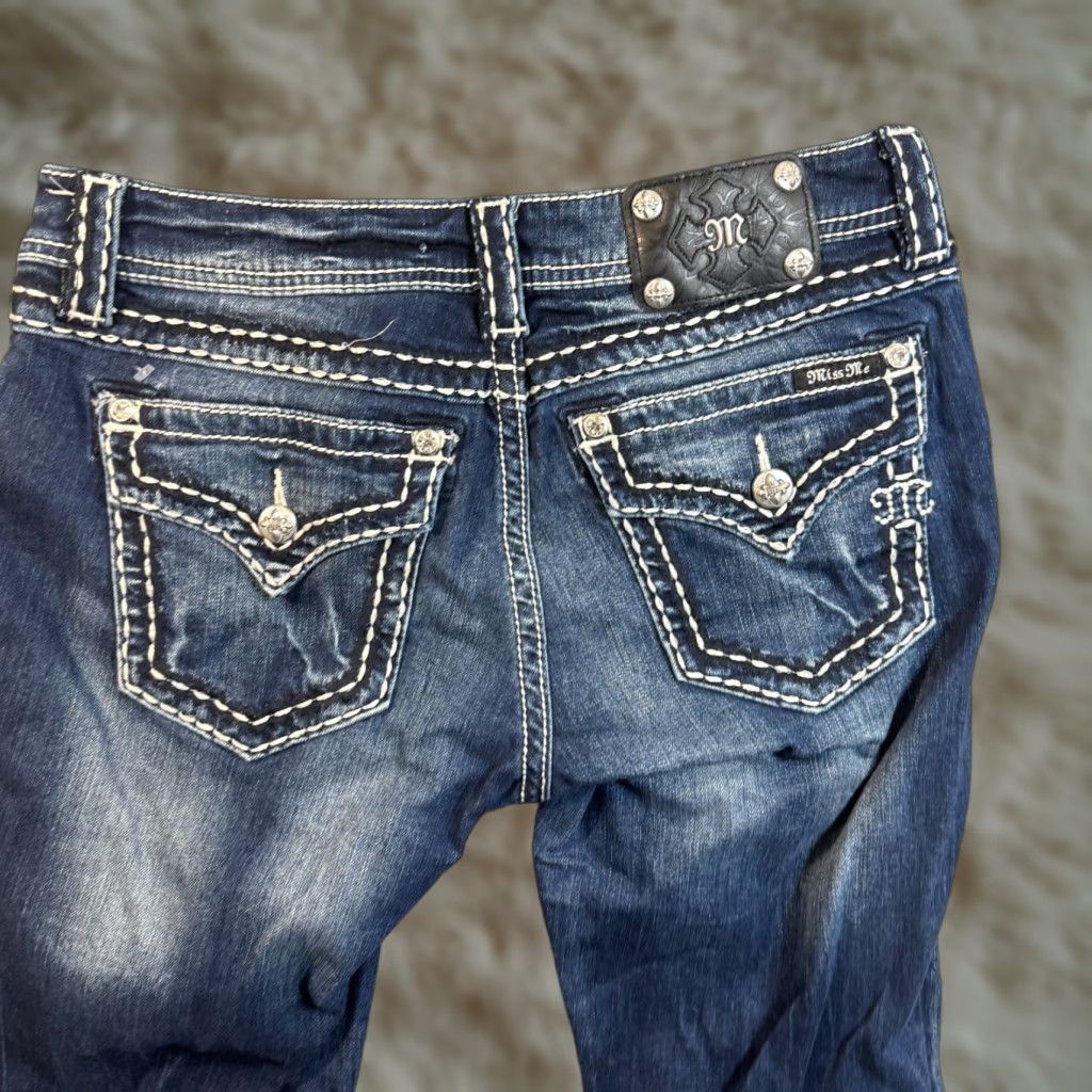 VINTAGE Miss Me Women's Jeans Bootcut Stretch Low Rise 31 Blue Embellished Flap Pockets