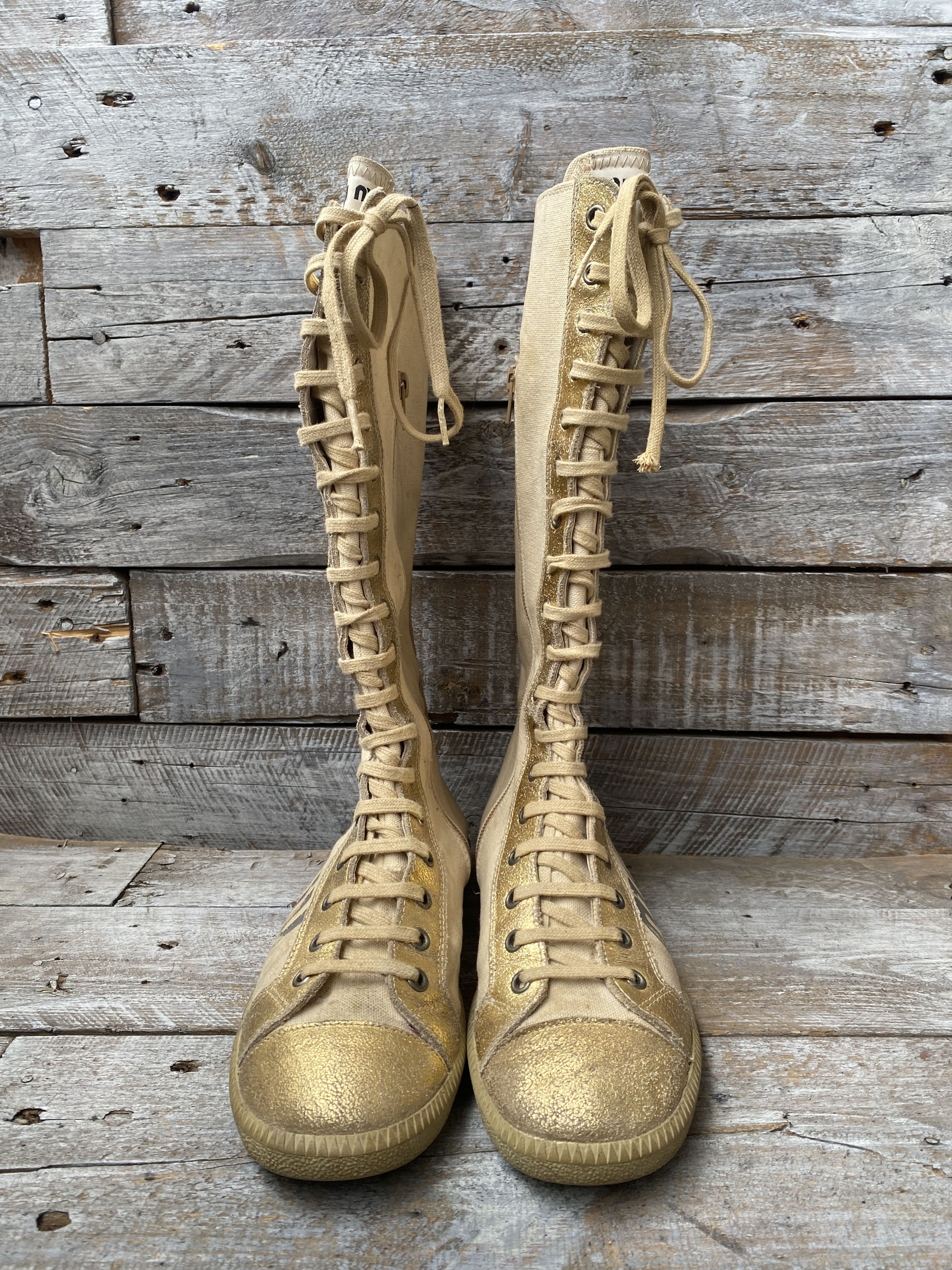 Miu Miu Vintage 90's Miu miu boxing canvas gold sneakers sz38,Y2k Size US 8 / IT 38 - 3 Thumbnail