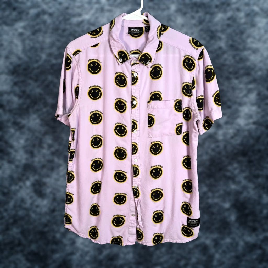 WeSC WESC Mens Small Button-Up Shirt Pink Smiley Face Print Black & Yellow Size US S / EU 44-46 / 1 - 1 Thumbnail