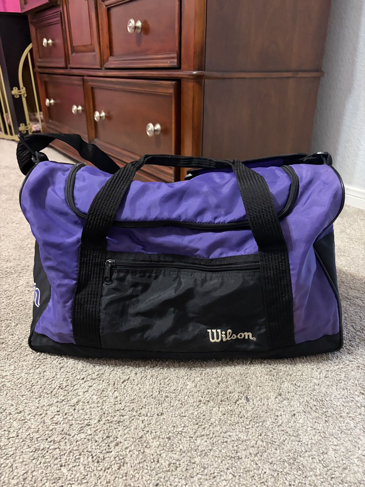 Wilson Vintage 90s Wilsons Nylon Duffle Strap Gym Bag Purple Black Size ONE SIZE - 1 Thumbnail