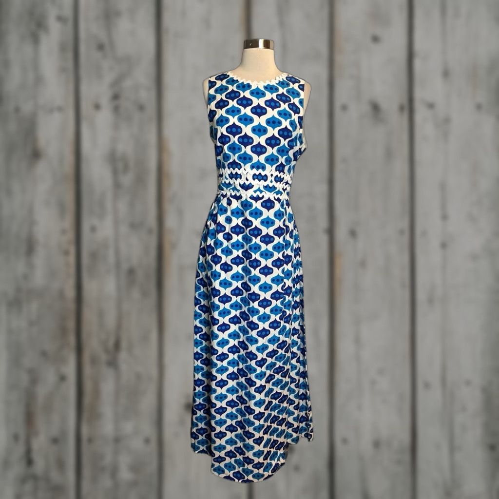 Jules Reid Maxi Dress 14 Blue White Geometric Sleeveless Preppy Womens Dress  Modern Fashion?