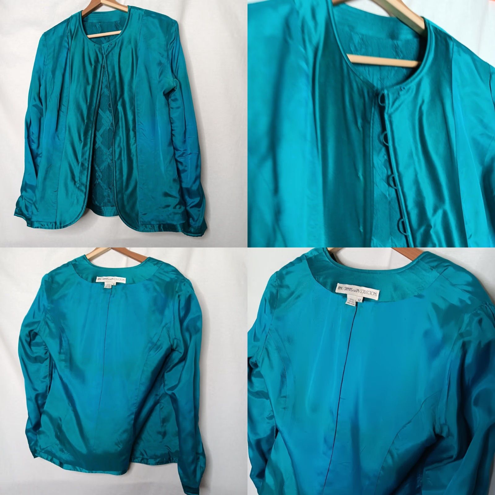 Vintage VINTAGE Anne Crimmins Umi Collections Skirt Suit Teal Silk Set - 2 Piece - Size 12 - Jacket and Skirt - Women - Office Wear - Formal - Silk - Read Size 34" / US 12 / IT 48 - 8 Thumbnail