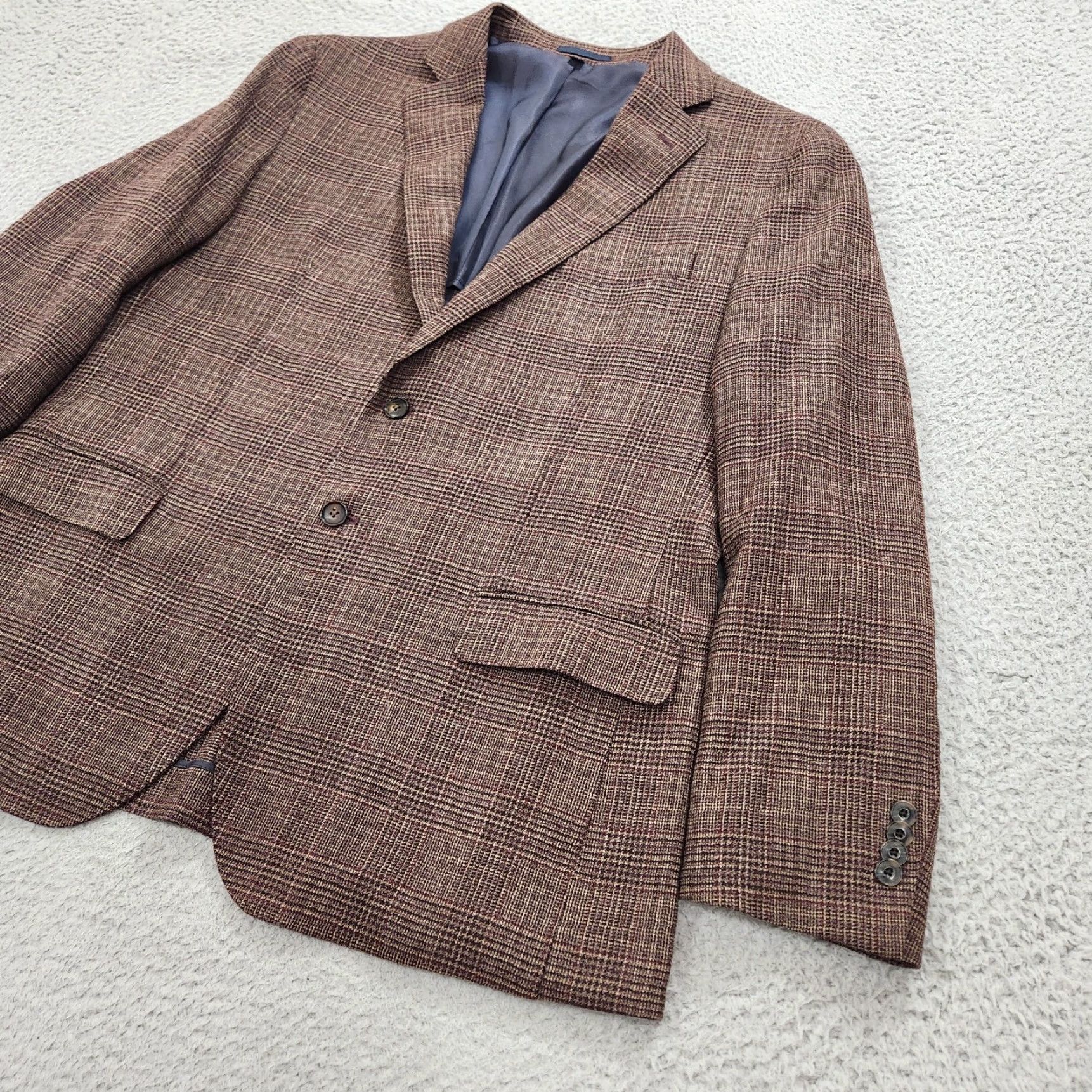 Jos A Bank Sport Coat Men 46R Brown Plaid Slim Fit Unstructured Two-Button Jacket Business Casual Formal Wedding Vintage No