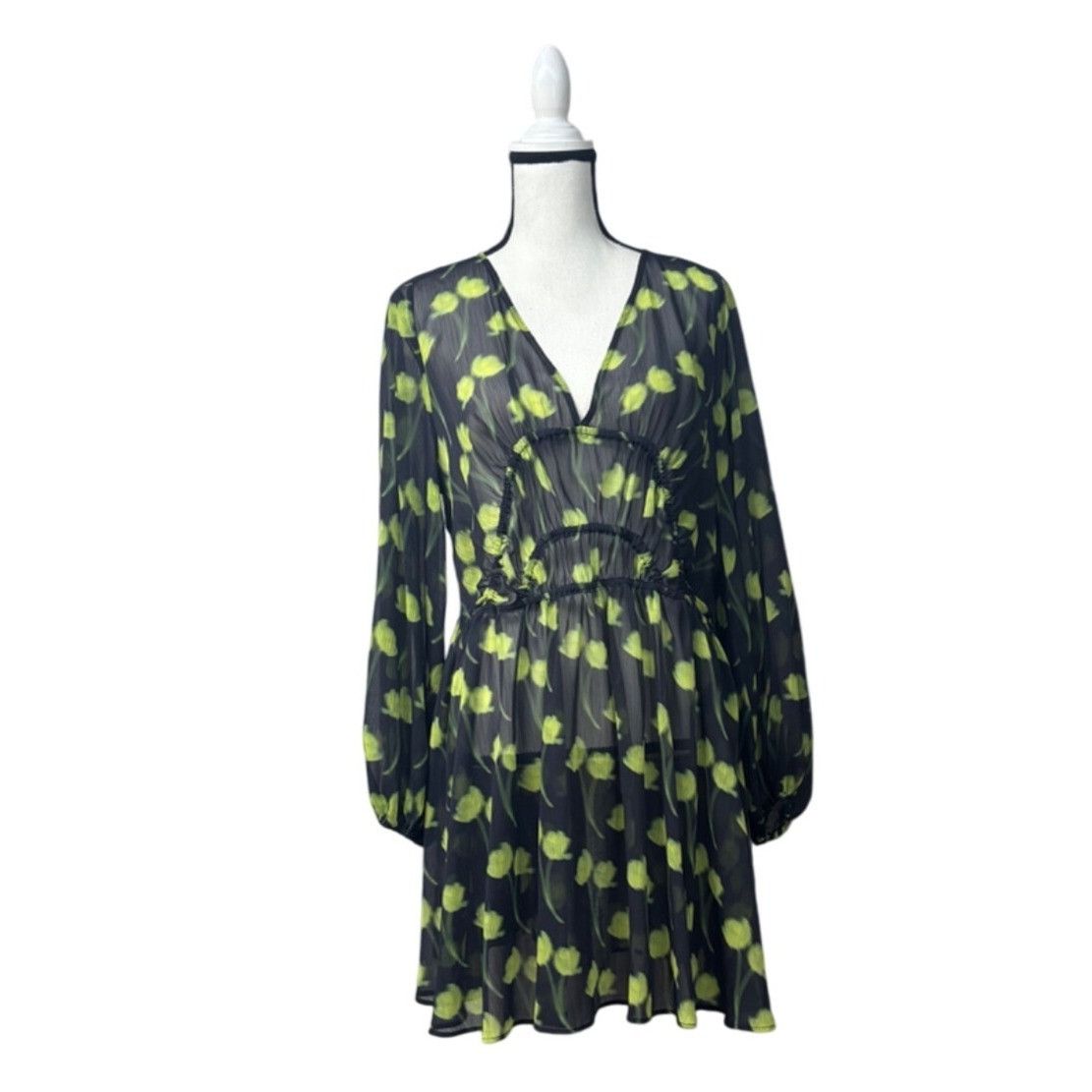 Topshop Topshop Floral Ruched Long Sleeve Dress In Medium Green, Sz. Size M / US 6-8 / IT 42-44 - 10 Thumbnail