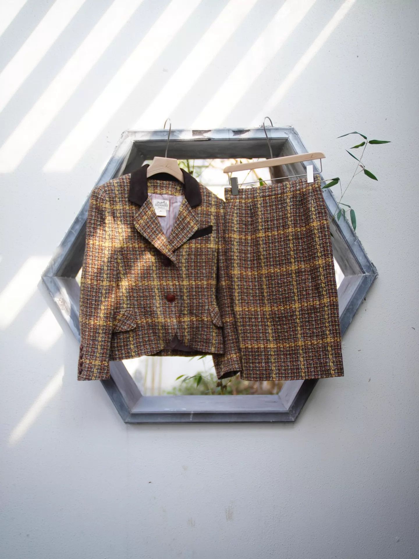 Hermes Vtg Wool Tweed Suede Check Blazer & Skirt Set FR36 Size XS / US 0-2 / IT 36-38 - 2 Thumbnail