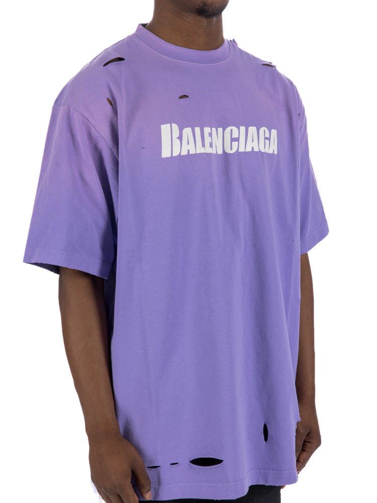 Balenciaga Balenciaga Purple Distressed Logo Tee Size US XXL / EU 58 / 5 - 4 Thumbnail