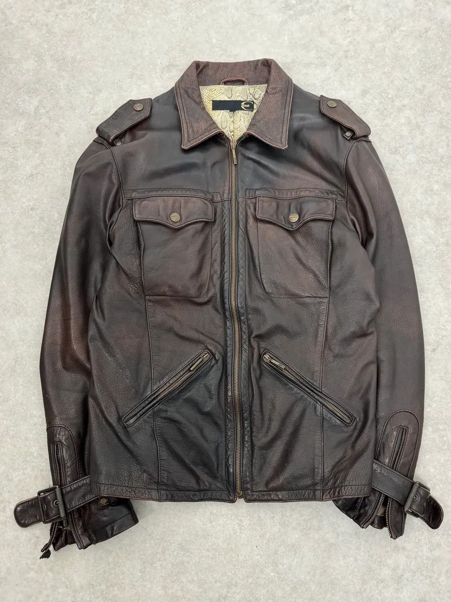 Roberto Cavalli 2000s Cavalli Brown Eroded Leather Buckle Jacket Size US M / EU 48-50 / 2 - 4 Thumbnail