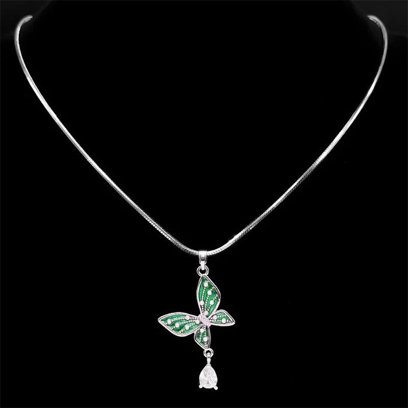 Jewelry Butterfly Water Drop Copper Pendant Necklace Size ONE SIZE - 4 Thumbnail