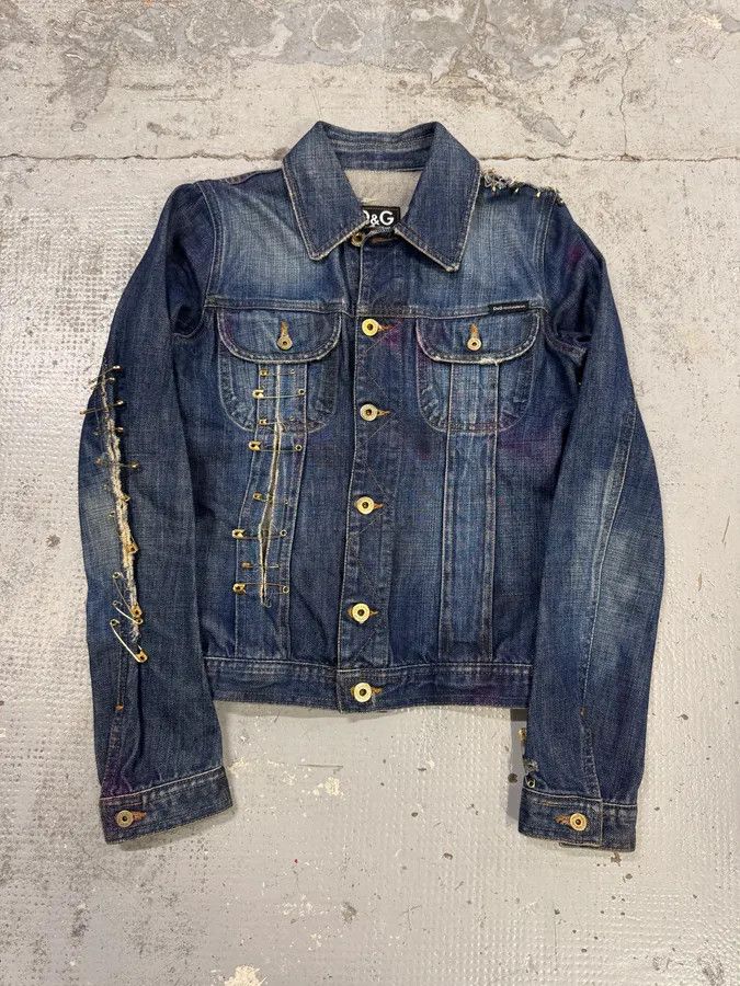 Dolce & Gabbana 2000s Dolce & Gabbana Blue Denim Golden Safety Pin Distressed Jacket Size XS / US 0-2 / IT 36-38 - 1 Thumbnail
