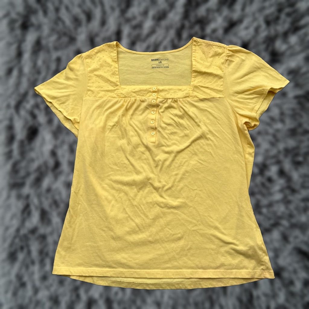Basic Editions Basic Editions Y2K Style Top Blouse Women L Yellow Square Neck Short Sleeve Button Casual Lightweight Jersey 60% Cotton 40% Polyester Peasant Prairie Size L / US 10 / IT 46 - 1 Thumbnail