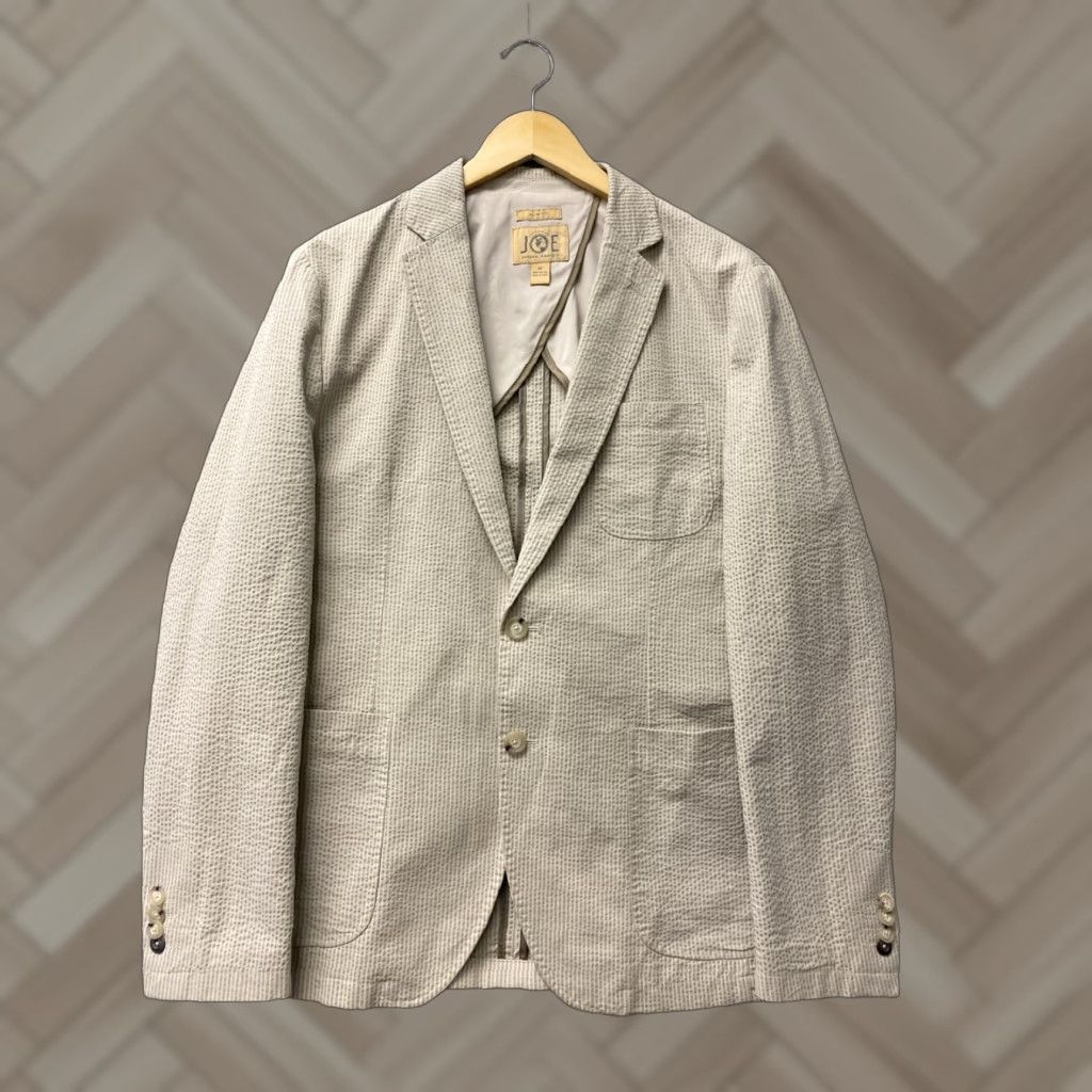 Joseph Abboud Joseph Abboud Sport Coat Men’s M Tan Striped Seersucker Blazer Regular Four-Button Inner Pockets Notch Lapel Knit Cotton White? Size 40R - 1 Thumbnail