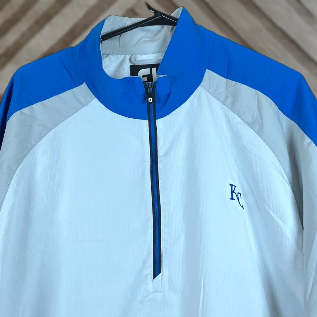 Footjoy FootJoy FJ Mens Jacket Gray Blue Windbreaker 1/4 Zip Short Sleeve Large Mid-Length Zip Coat Winter Spring Fall Mens Size US 33 - 1 Thumbnail