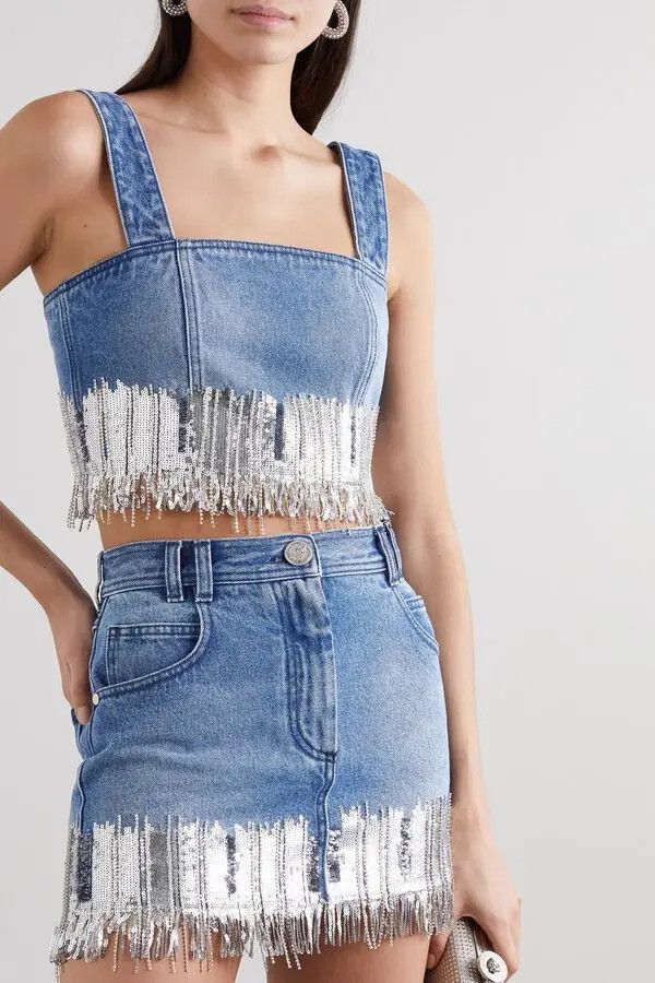 Balmain o1y0625 Denim Crop Top in Blue/White Size M / US 6-8 / IT 42-44 - 3 Thumbnail