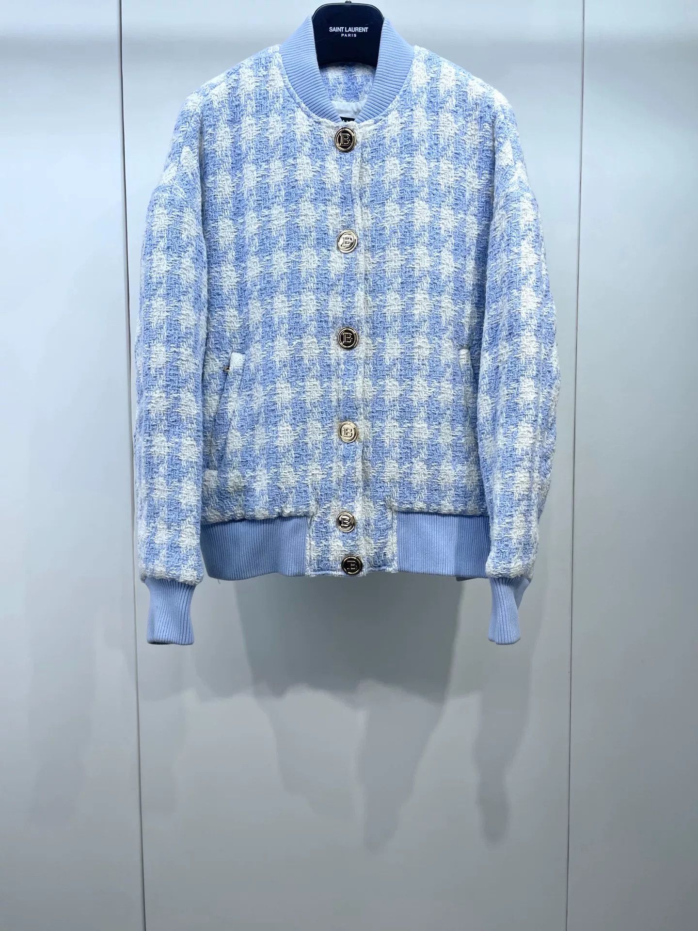 Balmain Balmain Blue White Houndstooth Padded Baseball Jacket Size XS / US 0-2 / IT 36-38 - 1 Thumbnail